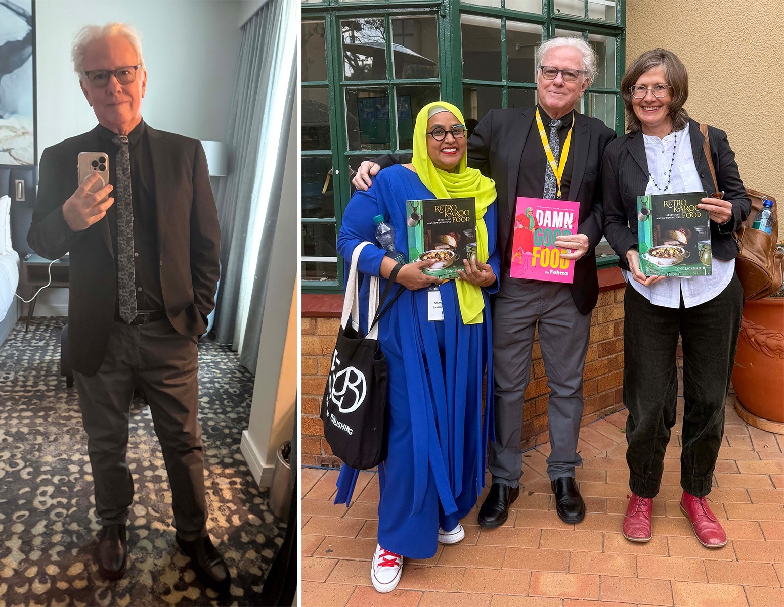 Left, a selfie to prove to friends and family that I can spruce up if I need to. And right, the reason Sally Andrew and I decided to spruce up in smart but muted tones: the vividly attired Fehmz (left), whom Sally (right) was interviewing along with myself at the Kingsmead Book Fair. Which, yes, I reached — by hotel shuttle, because they insisted. But read what book fair organiser Alex Bouche has to say in this story… (Photos: Tony Jackman)