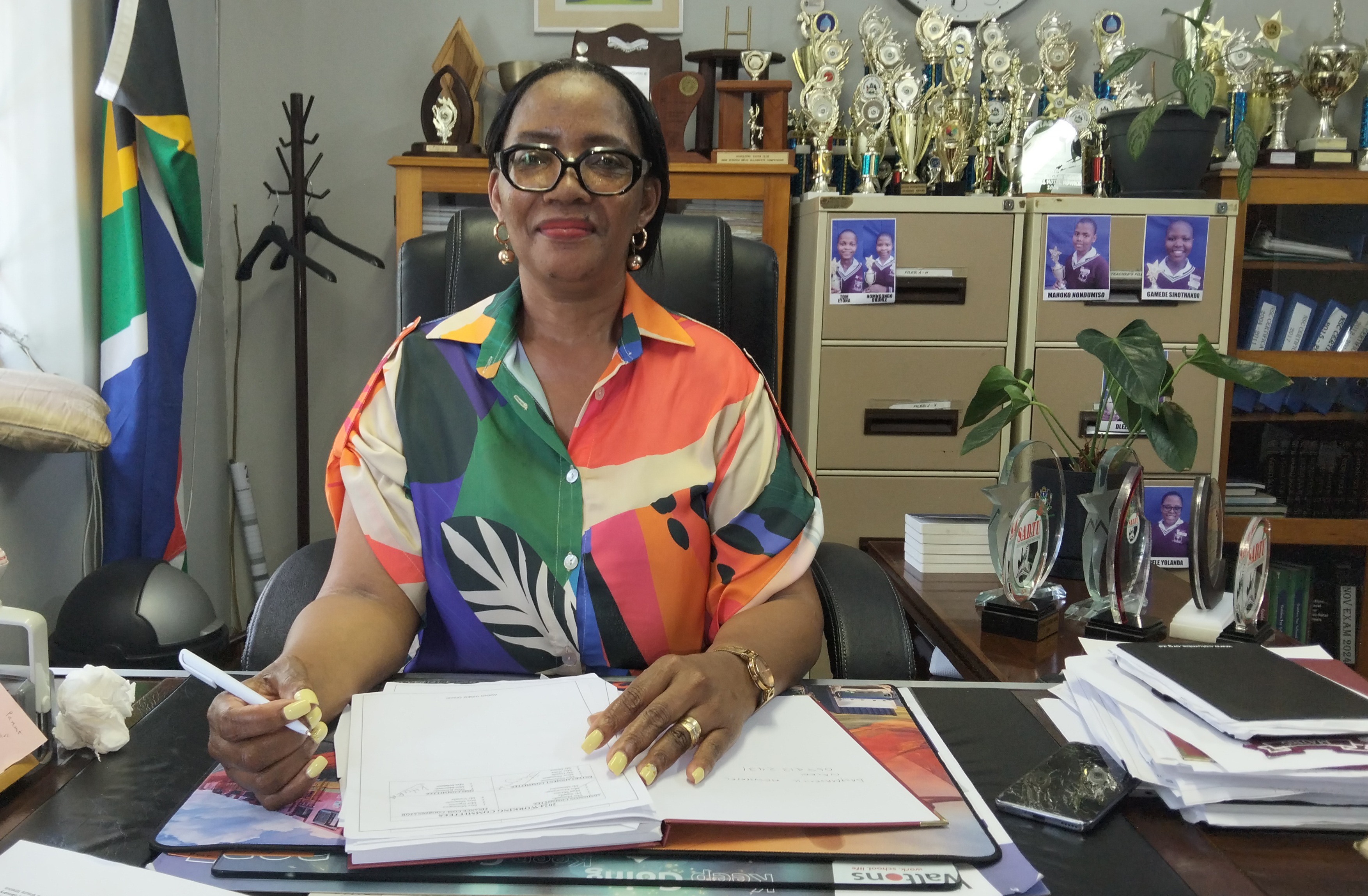 Sithengile Senior Secondary School principal Sibongile Shabalala in her office in Claremont, KwaZulu-Natal, on 13 January 2026. (Photo: Naledi Sikhakhane)