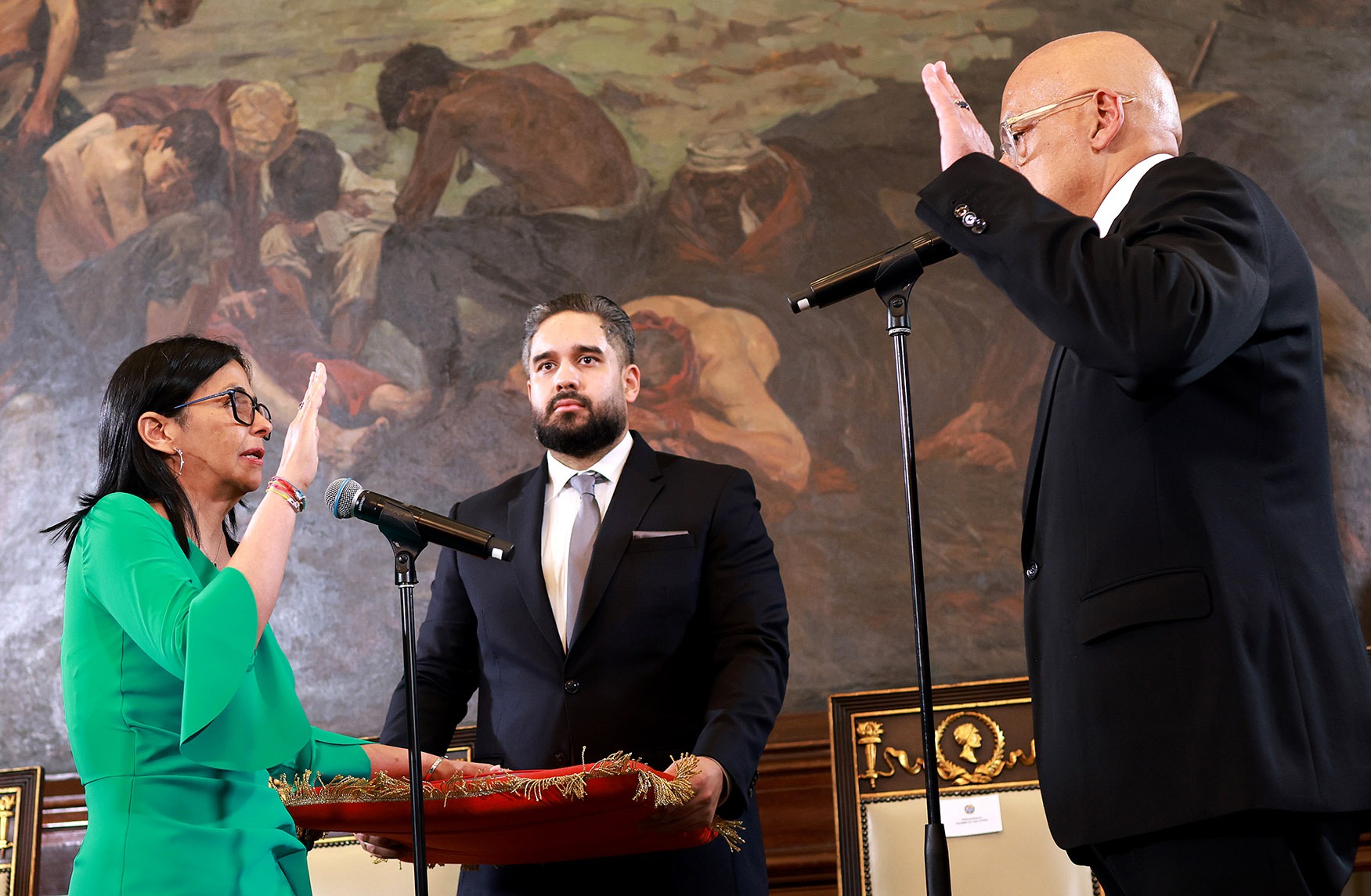 Venezuela’s Vice President Delcy Rodriguez (left) is sworn in as the country’s acting president in Caracas, Venezuela, on 5 January 2026. Rodriguez officially became Venezuela’s interim president following the capture of Nicolas Maduro by US special forces on 3 January 2026.  (Photo: EPA / Miraflores Palace handout)