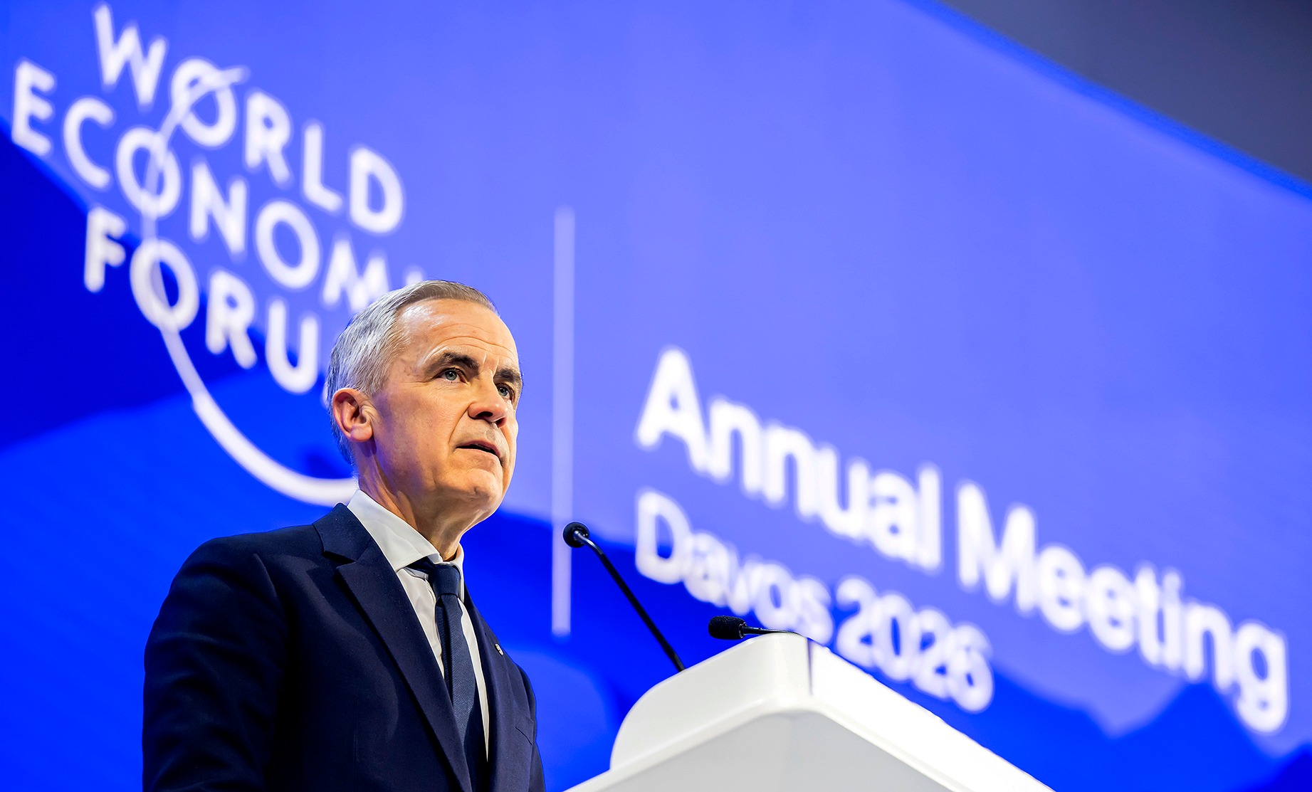 Canadian Prime Minister Mark Carney speaks at the 56th annual meeting of the World Economic Forum in Davos, Switzerland, on 20 January 2026. (Photo: EPA / Gian Ehrenzeller)