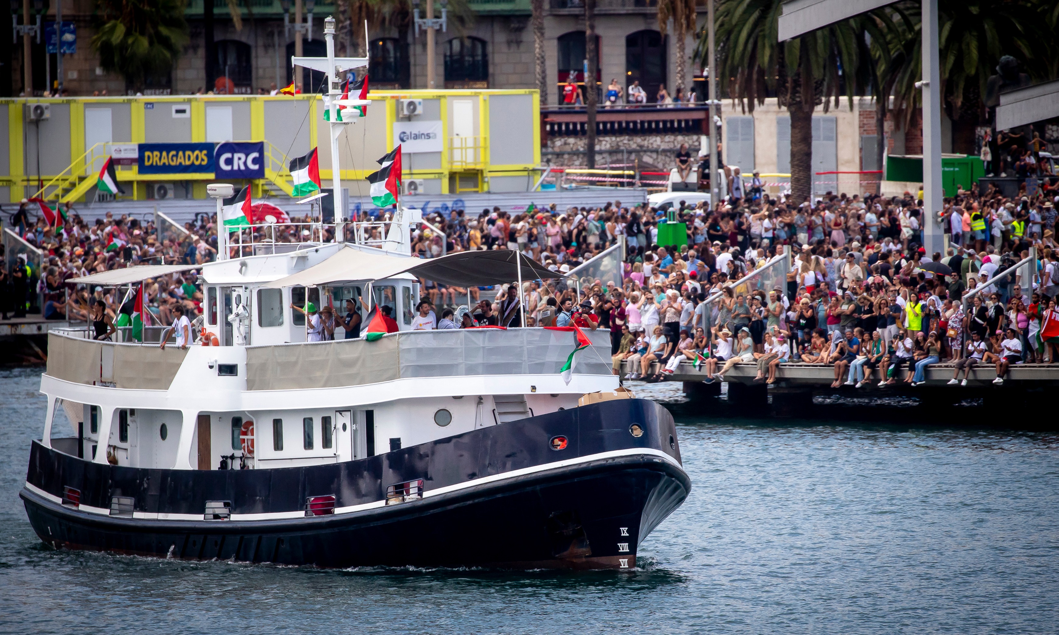 The Global Sumud Flotilla sets sail from Barcelona towards Gaza on 31 August 2025. Hundreds gathered at Moll de la Fusta to bid farewell to the flotilla. (Photo by Albert Llop / NurPhoto via AFP)