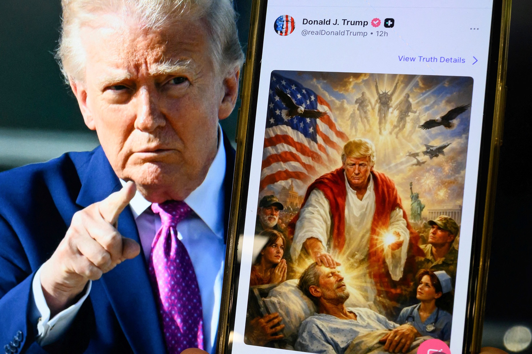 This photo illustration, created on 13 April, shows a picture of US President Donald Trump on a screen and an AI-generated picture he posted on his Truth Social platform, seemingly depicting himself as Jesus Christ after criticising Pope Leo XIV. (Photo: Mandel Ngan / AFP)