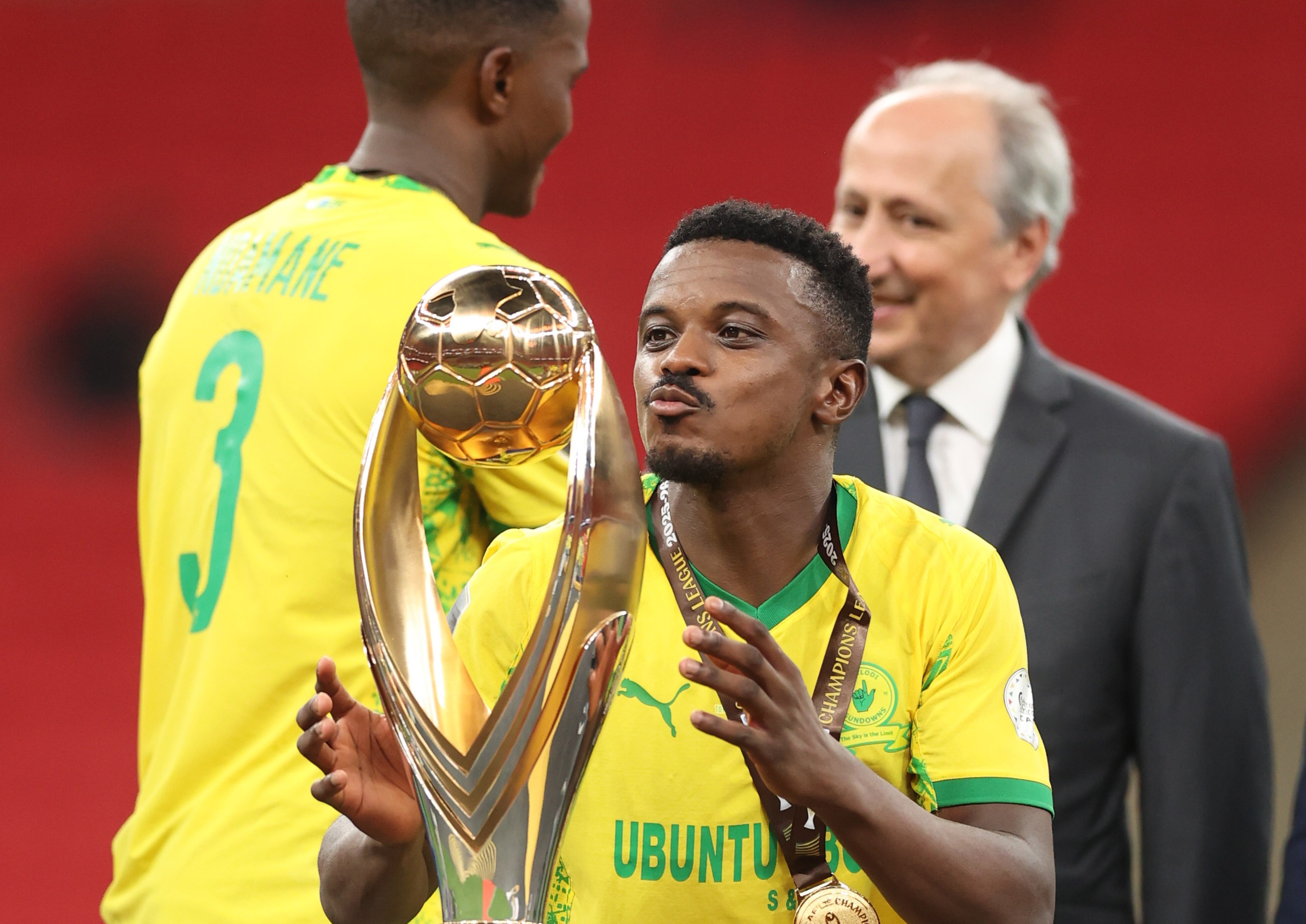 Teboho Mokoena with the trophy after Mamelodi Sundowns won their African Champions League final against AS FAR Rabat