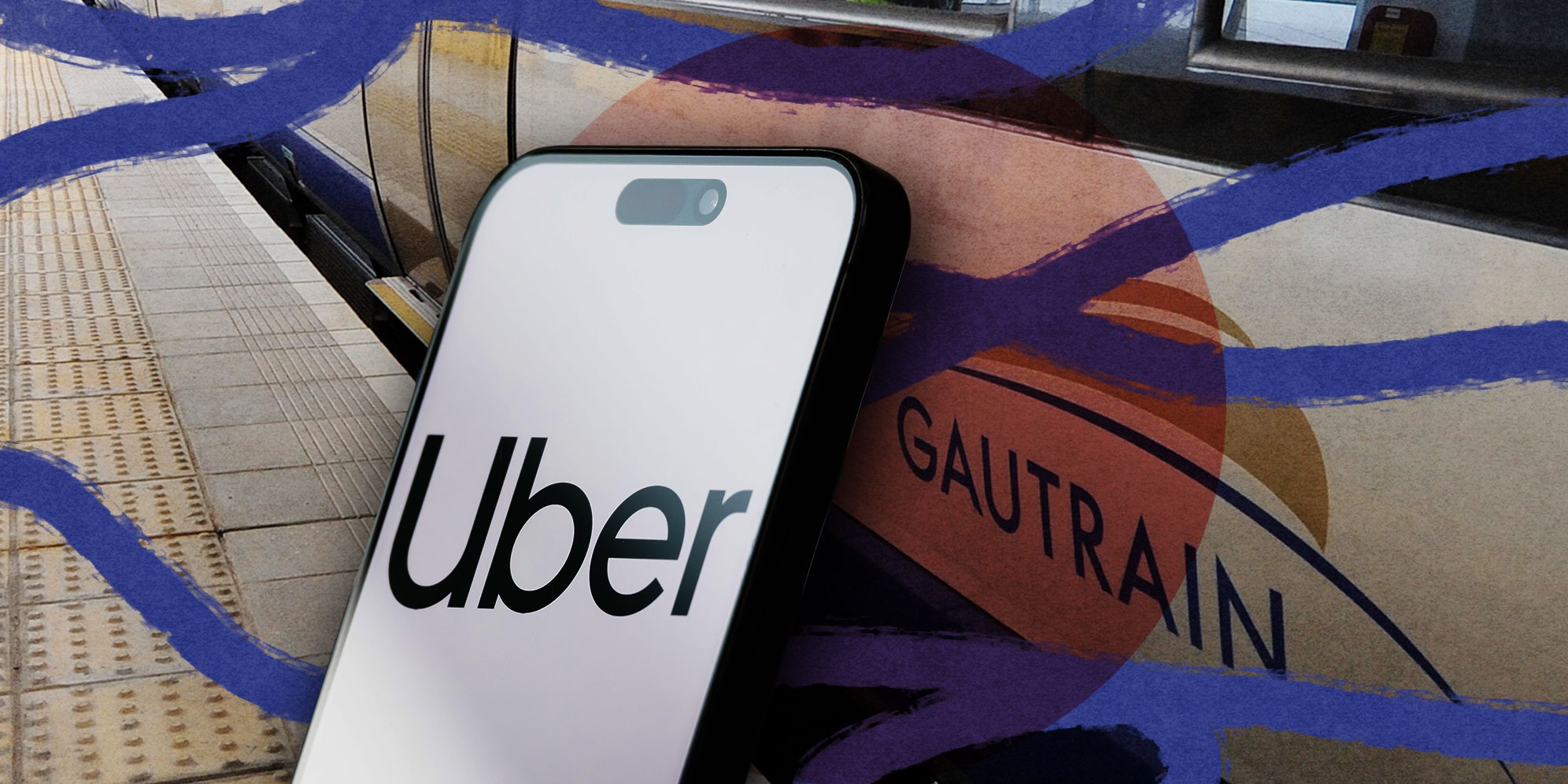 Illustrative image: The Gautrain’s Centurion Station in Pretoria. (Photo: Christiaan Kotze / Foto24 /Gallo Images) | Uber Technologies Inc is displayed on a smartphone screen. (Photo: Cheng Xin / Getty Images) | (By Daniella Lee Ming Yesca) 