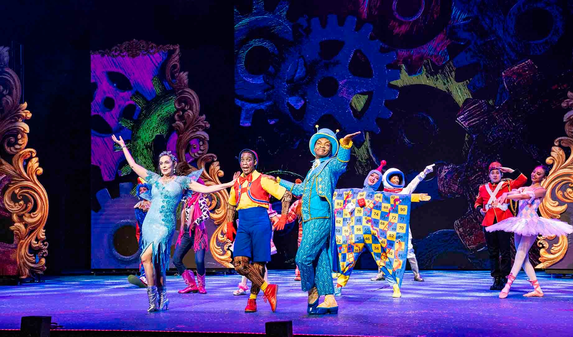 From left: Gina Shmukler, Katlego Nche, and Sandi Dlangalala play starring roles in Honeyman’s Pinocchio as The Blue Fairy of Goodness Gracious, Pinocchio and Jiminy Cricket. (Photo: Supplied /  Joburg Theatre)