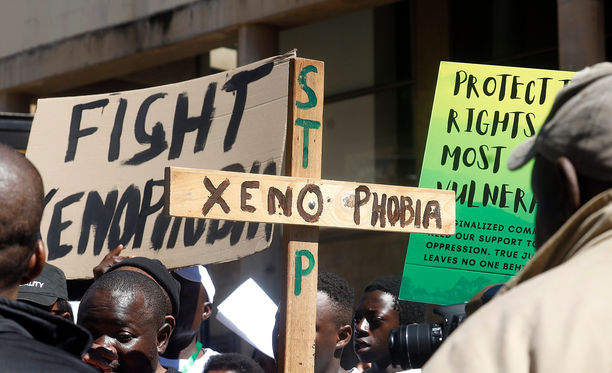 Casual workers carrying posters and banners join the Kopanang Africa Against Xenophobia march in Johannesburg on 18 April 2026. 