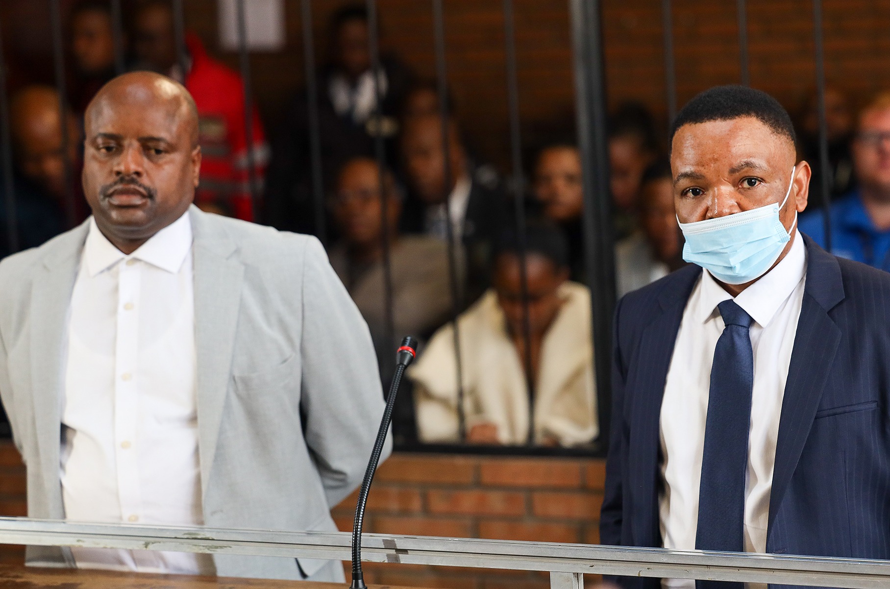 Julius Mkhwanazi and Kagiso Lerutla in the  Boksburg Magistrates’ Court during their bail appliaction on 23 April. (Photo: Fani Mahuntsi / Gallo Images )