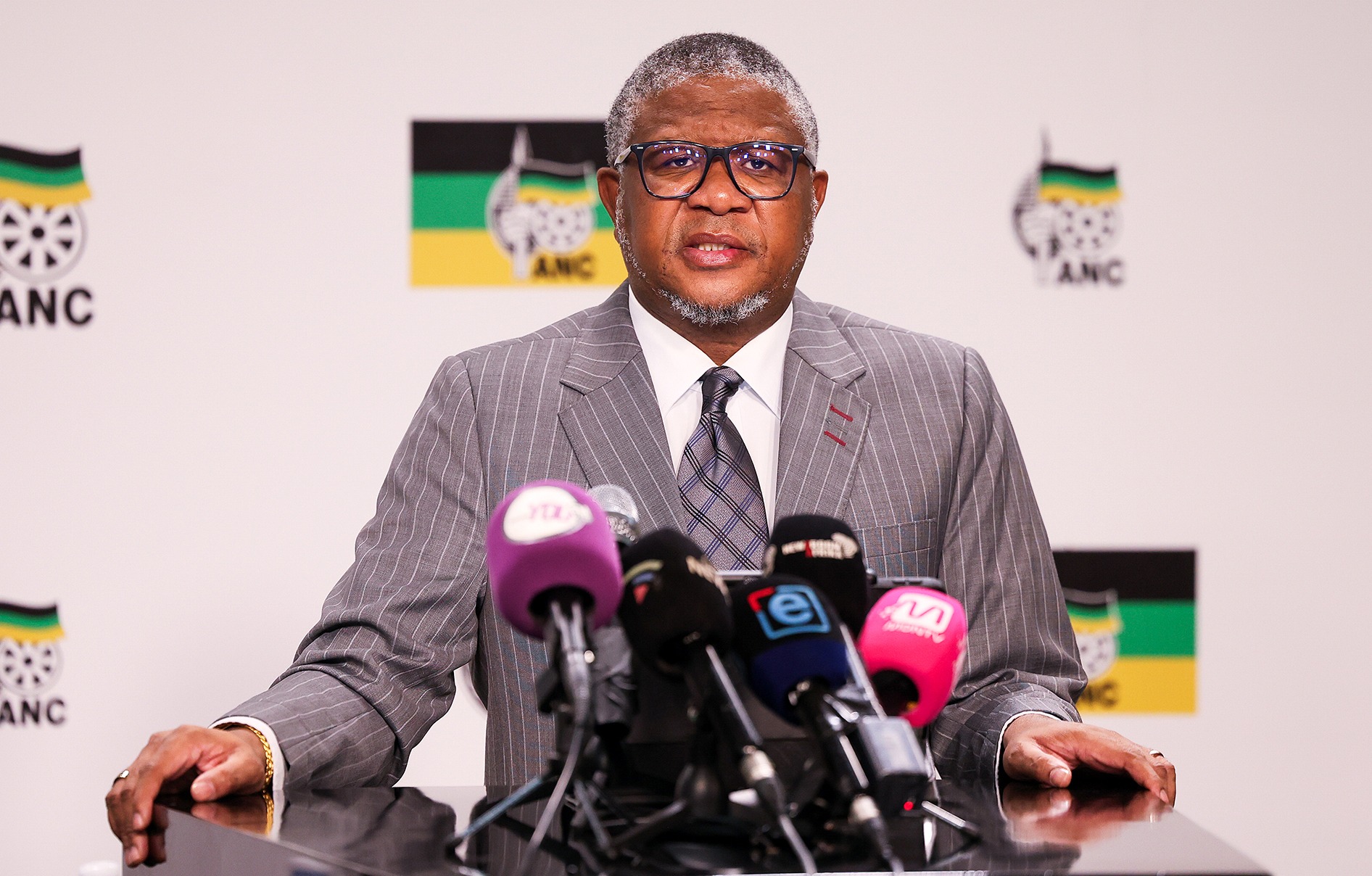 ANC Secretary-General Fikile Mbalula speaks at a media briefing at Luthuli House on 23 April. (Photo: Lubabalo Lesolle / Gallo Images)