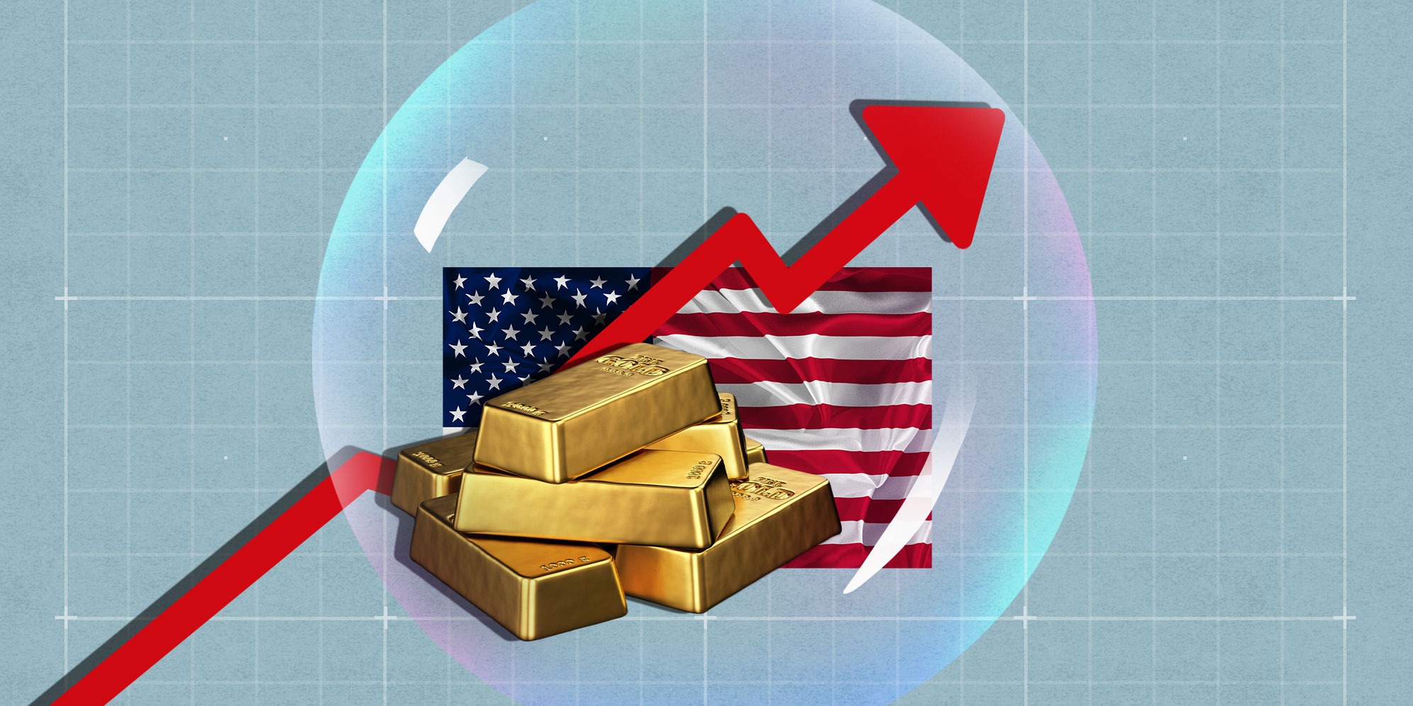 Illustrative Image: Graph | United States of America Flag. (Image: Freepik) | Gold bars. (Image: Istock) | (By Daniella Lee Ming Yesca) 