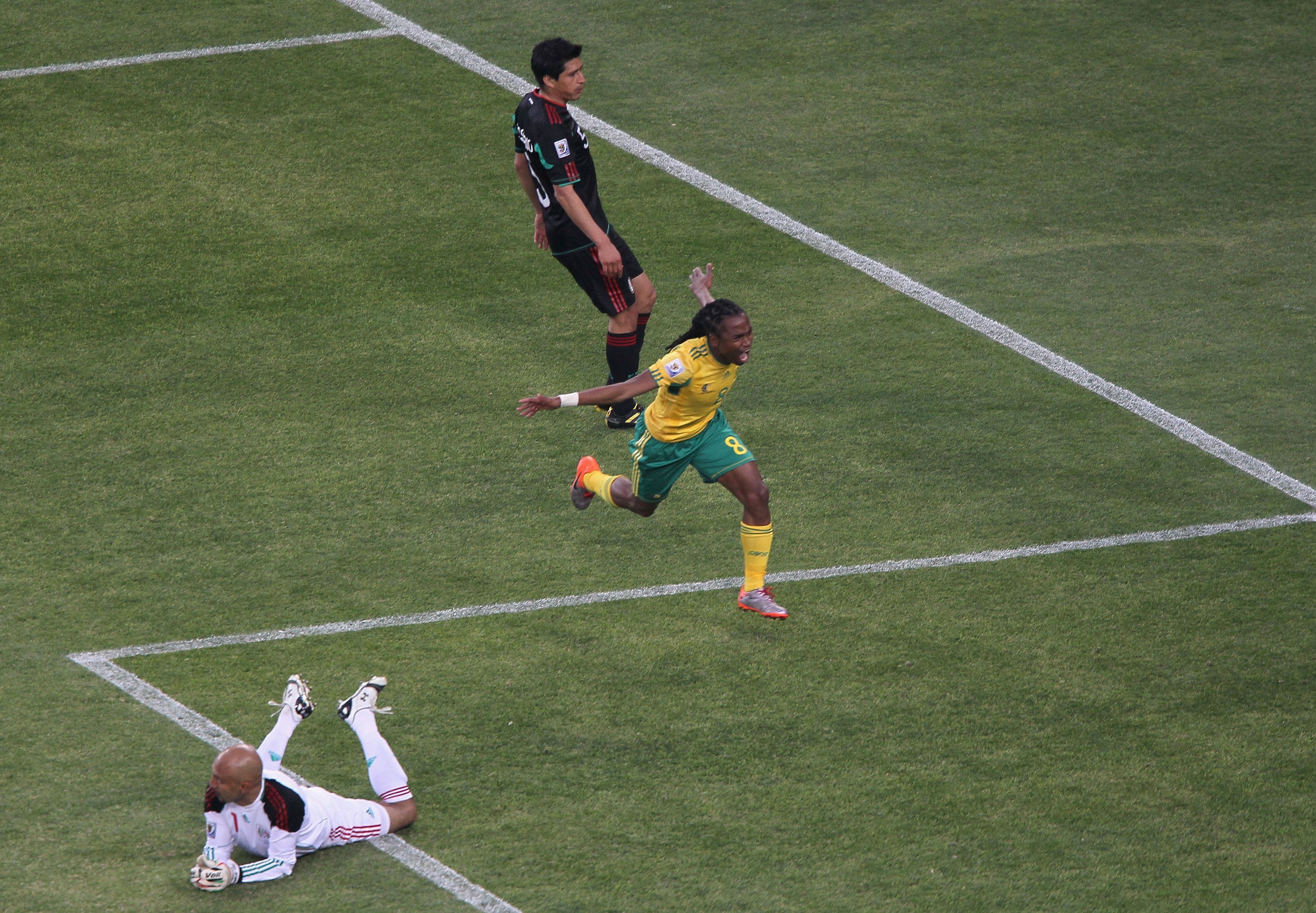 Siphiwe Tshabalala of South Africa celebrates scoring the first goal of the 2010 Fifa World Cup