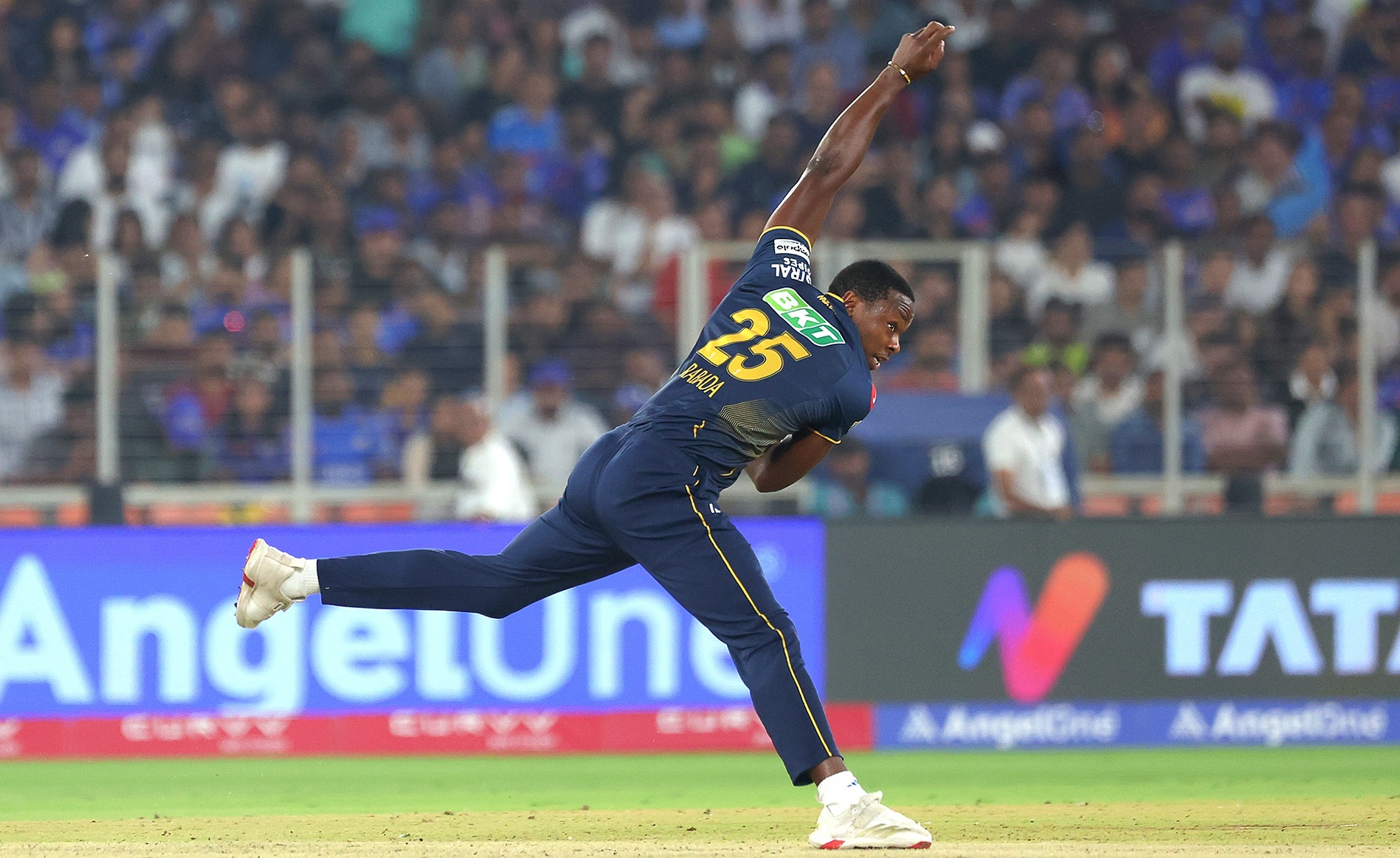 Kagiso Rabada bowls for the Gujarat Titans against the Mumbai Indians