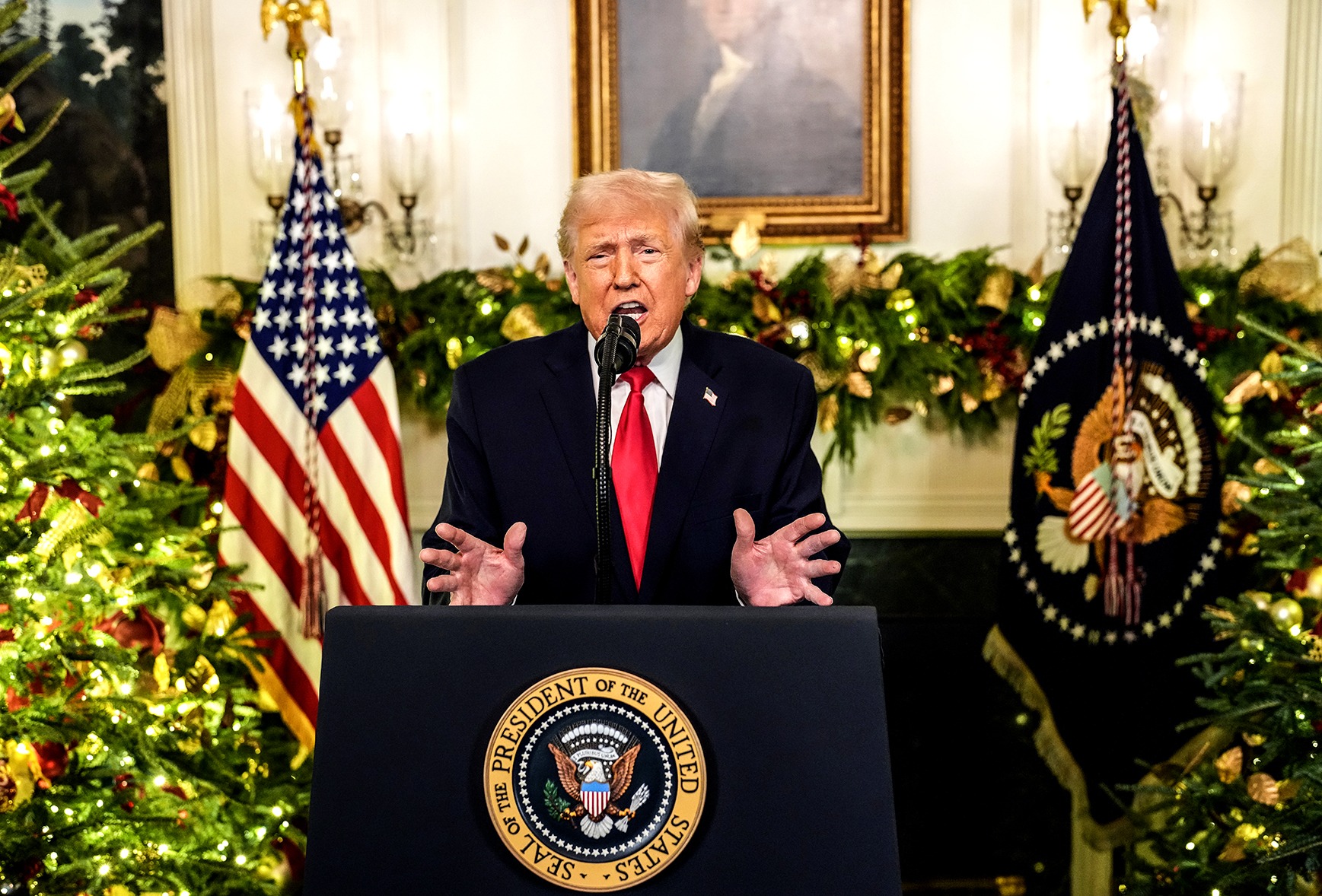 US President Donald Trump addresses the nation from the White House on 17 December 2025 in Washington, DC. (Photo: Doug Mills /  Pool / Getty Images)