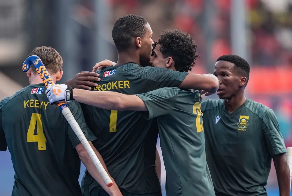 South african players (from left) Casey Keevy, Jaydon Brooker, Ozair Pillai 
and Leruo Ditlhakanyane at the FIH Junior Hockey World Cup in India in 2025. (Photo: FIH Website)