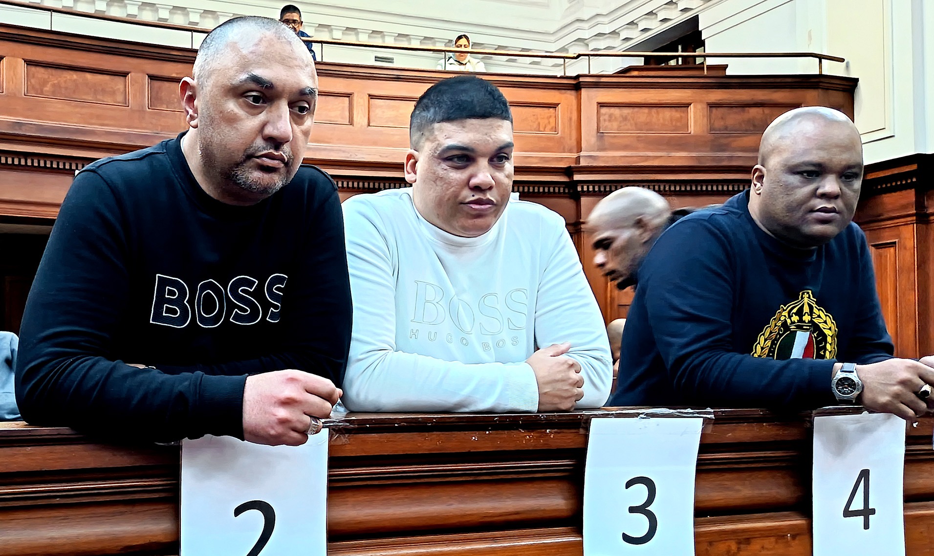 Alleged underworld figure Nafiz Modack and co-accused Ziyaad Poole and Moegamat Brown appear in the Western Cape High Court on Monday, 25 May. (Photo: Vincent Cruywagen)