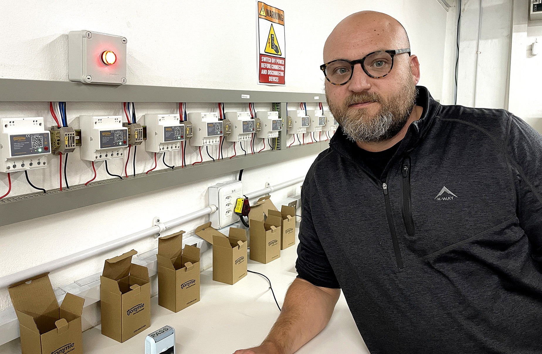 Nelson Mandela Bay businessman Ignus du Toit stands next to the Tjommie smart geyser management device in Walmer, Gqeberha