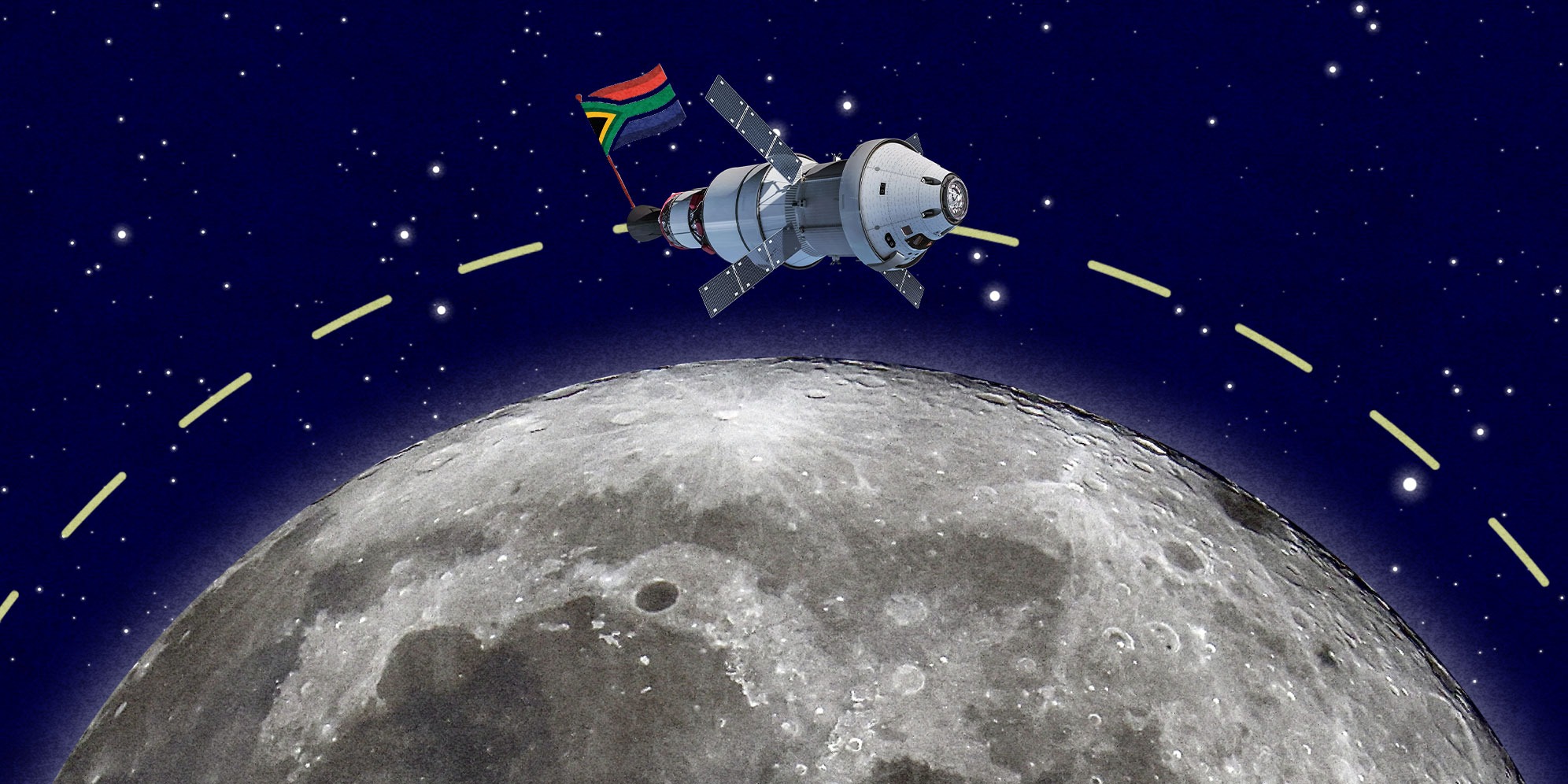 Illustrative Image: Orion spacecraft. (Image: iStock) | Moon and starry night. (Image: Freepik) | (By Daniella Lee Ming Yesca)