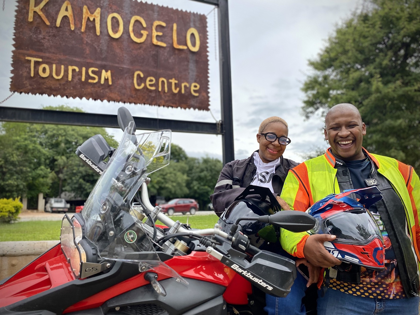 Stopping over at Hoedspruit's Kamogelo Tourism Centre, Nathan and Lumka Smith mark his 31st birthday with a motorcycle ride from Nelspruit. 'I was praying for the rains to clear,' said Nathan. 20 January 2026. (Photo: Tiara Walters)