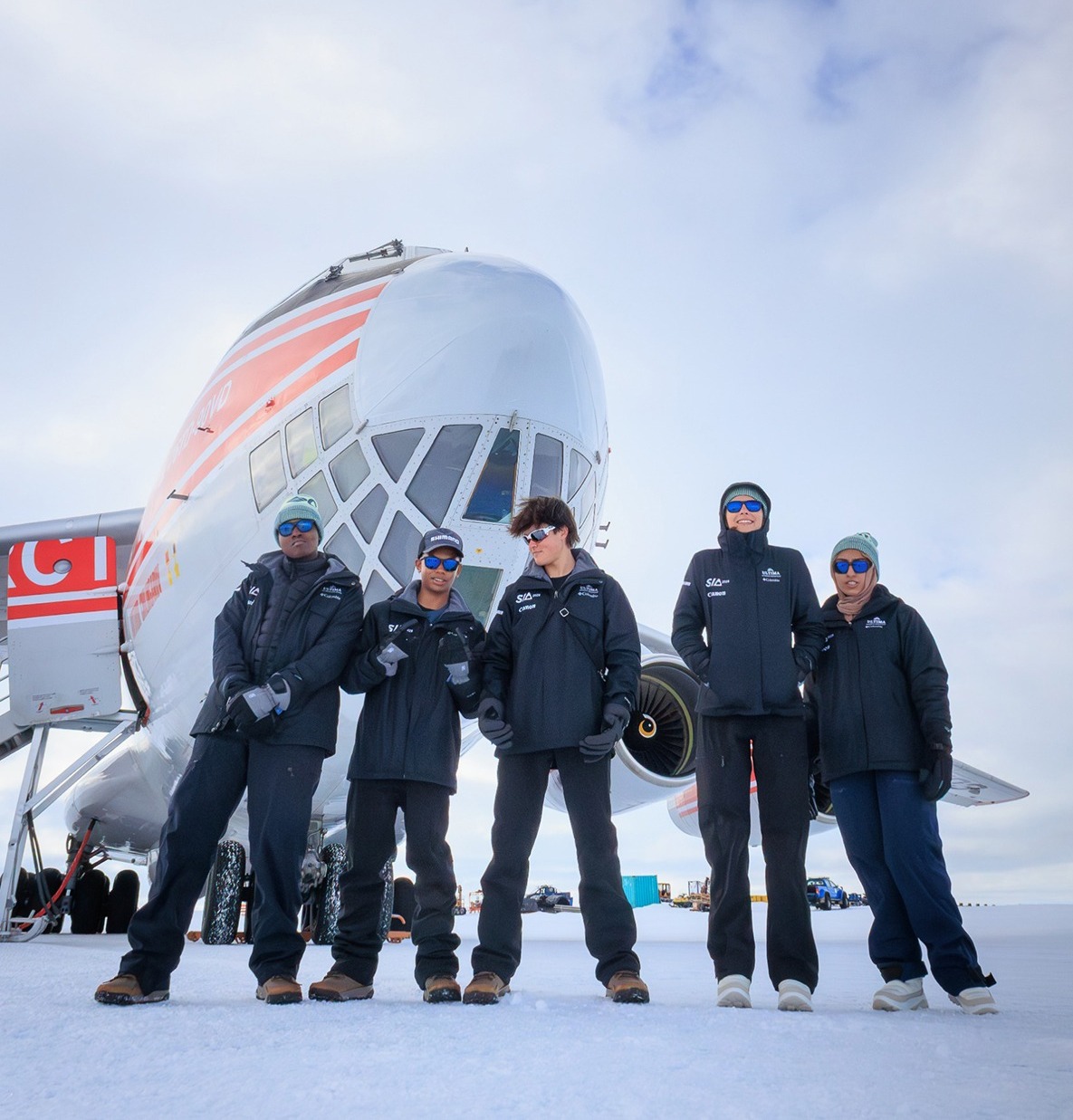 The five students who travelled to Antarctica in December as part of the Students in Antarctica programme. From left: Ntokozo Nkuna, Luke Boswell, Naethan Mol, Allegra du Randt and Aaminah Choonara at the Ultima Novo Base. (Photo: Supplied / Manser Media)
