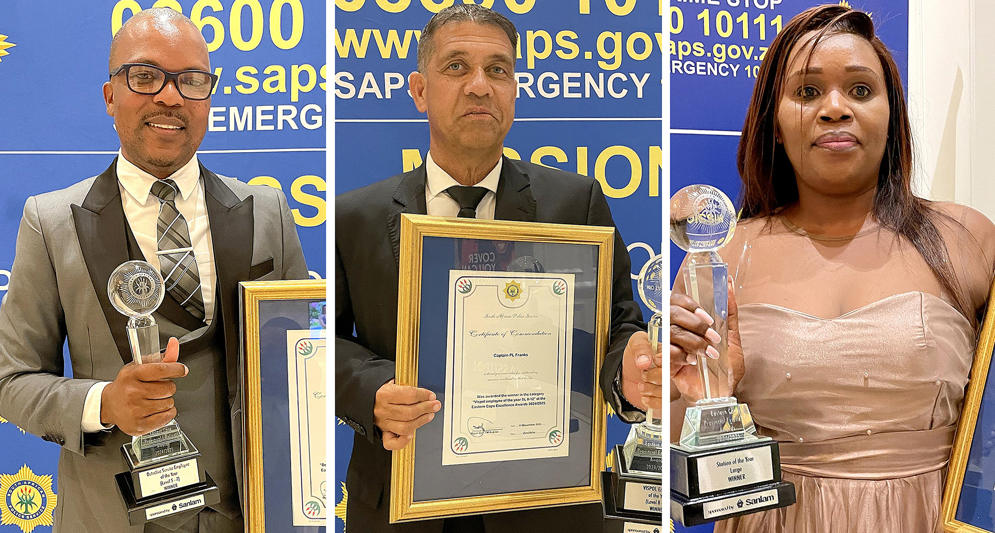 From left: Detective Warrant Officer Xolani Sokanyile, Captain Paul Franks from the K9 Unit in Nelson Mandela Bay, and Brigadier Tamara Hlomza, the station commander at Humewood. (Photos: Kyran Blaauw)