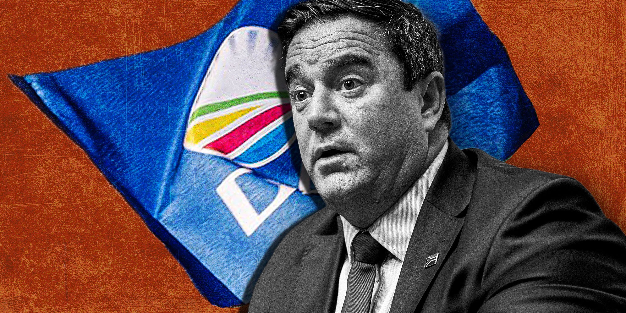 Illustrative Image: DA leader John Steenhuisen. (Photo: Gallo Images / ER Lombard) | DA flag. (Photo: Gallo Images / OJ Koloti) | (By Daniella Lee Ming Yesca)