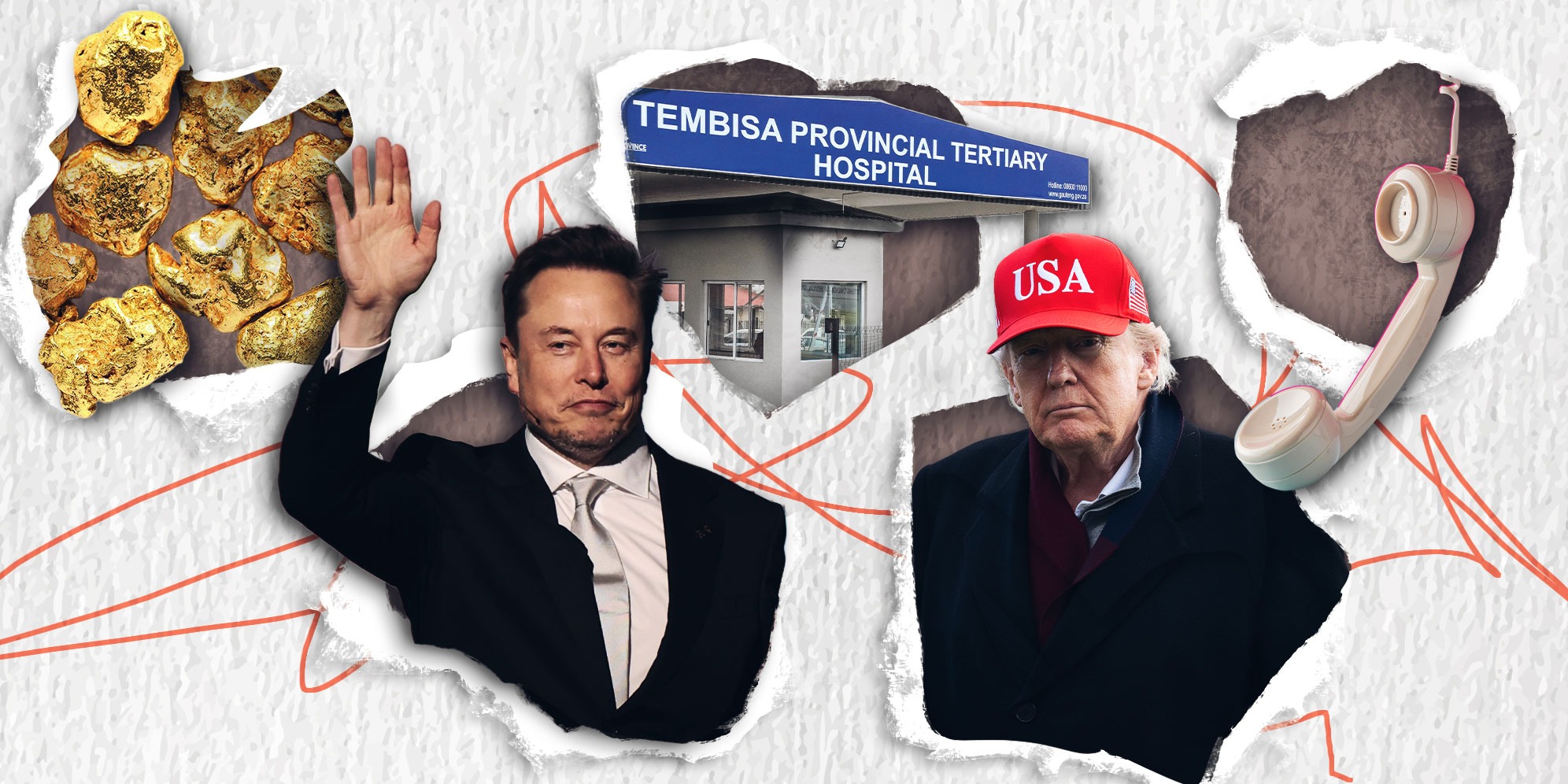 Illustrative image: Gold nuggets. (Image Freepik) | Tembisa Hospital. (Photo: Papi Morake / Gallo Images) | Phone. (Photo: Freepik) | Elon Musk. (Photo: Ali Haider / EPA) | US President Donald Trump: (Photo: John McDonnell) | Paper texture: (Image: Freepik) | (Composite: Daniella Lee Ming Yesca)
