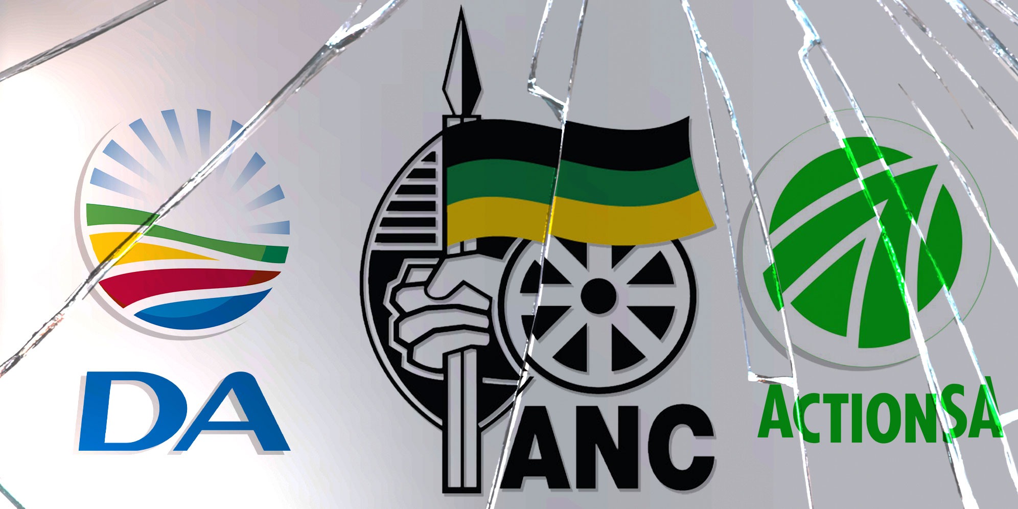 Illustrative image: DA logo. | ANC logo. | ActionSA logo. (Images: Wikicommons) | Broken glass. (Image: Freepik) | (By Daniella Lee Ming Yesca) 