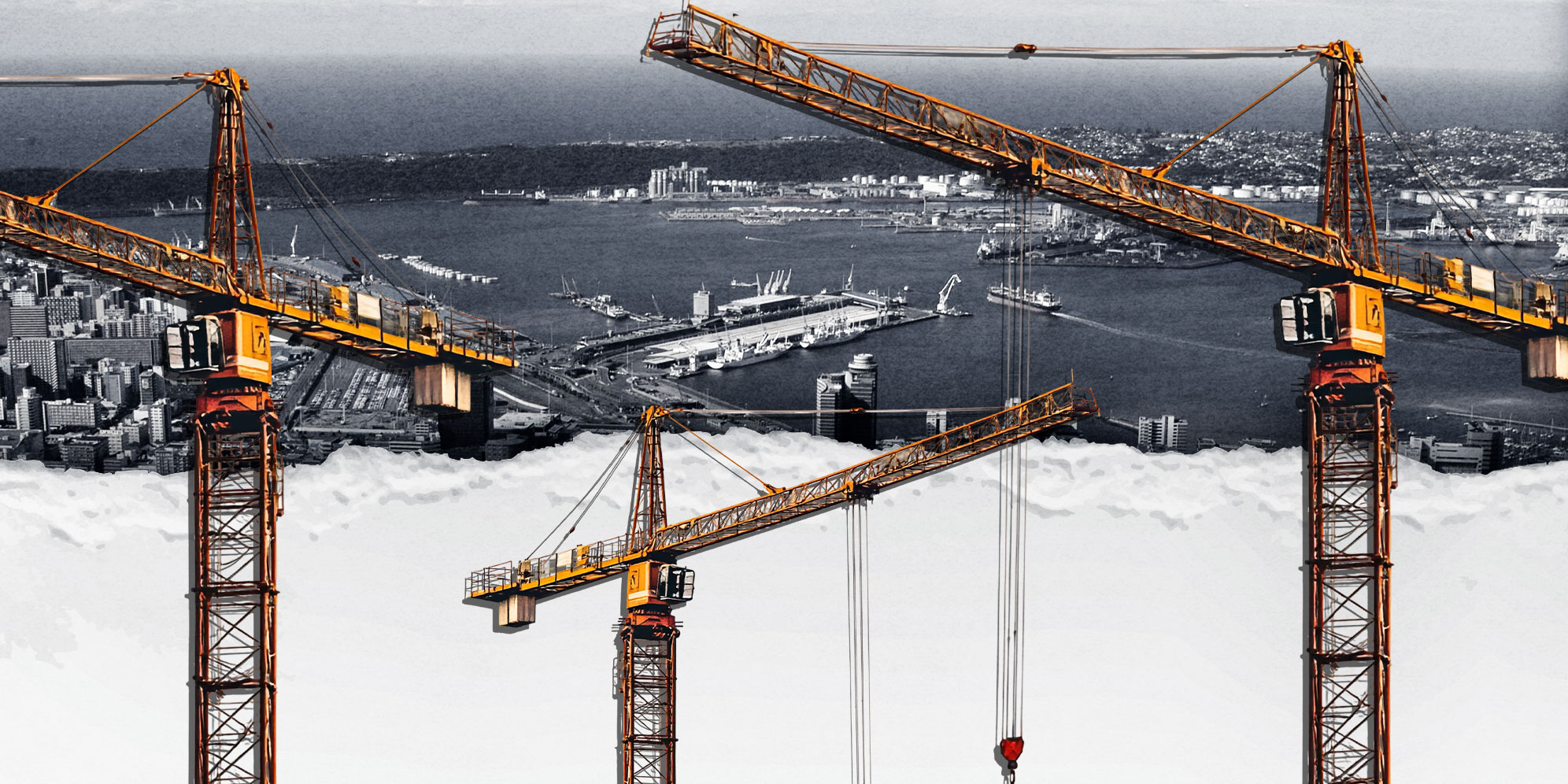 Illustrative Image: Aerial view of the city of Durban and the harbour. (Photo: Gallo Images) | Cranes. | Torn paper. (Images: Freepik) | (By Daniella Lee Ming Yesca) 