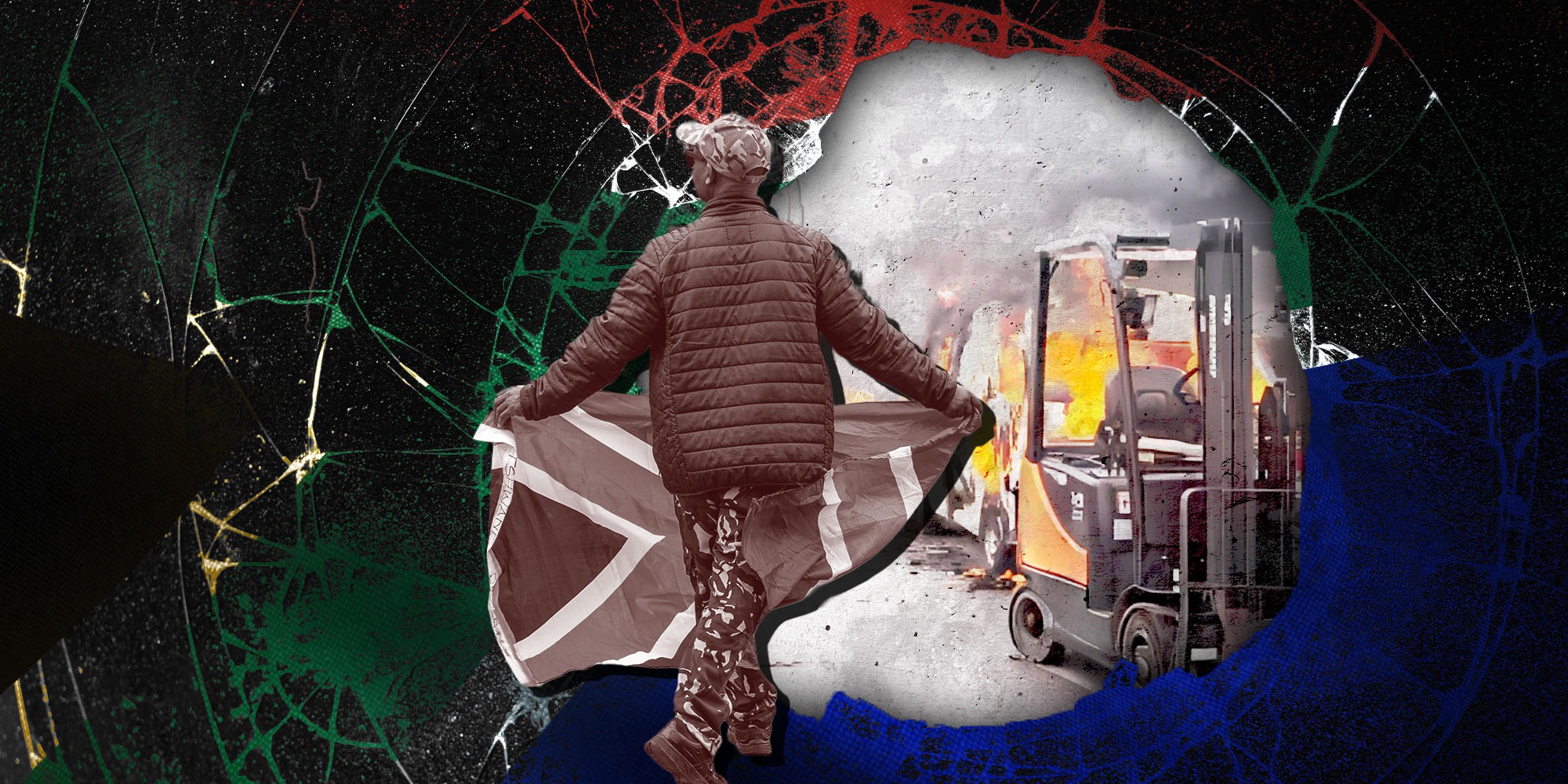 Illustrative image: Broken glass. (Image: Freepik) | A man walks across the street with a South African flag.(Photo: Alet Pretorius / Gallo Images) | The violent protest in KuGompo. (Photo: X) | (By Daniella Lee Ming Yesca)
