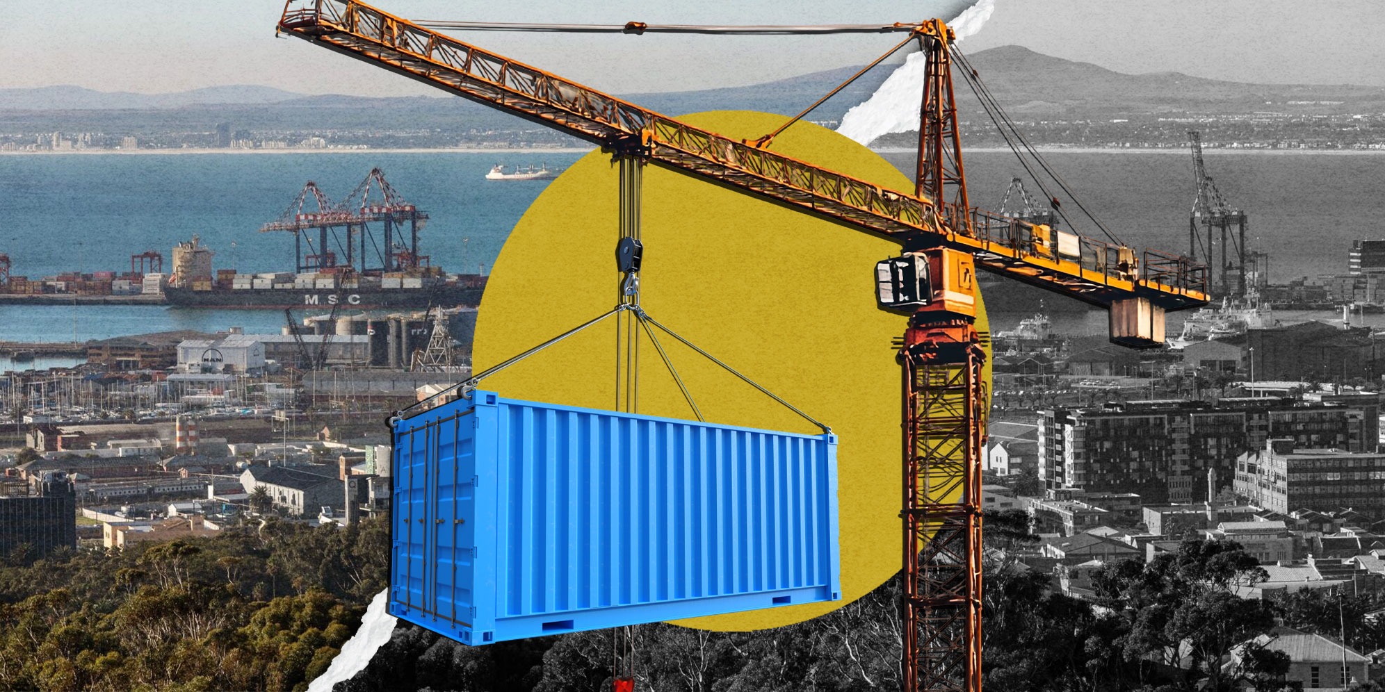 Illustrative image: The Port of Cape Town. (Photo: Getty Images / Bloomberg / Dwayne Senior) | Crane and container. (Image: Freepik) | (By Daniella Lee Ming Yesca)  