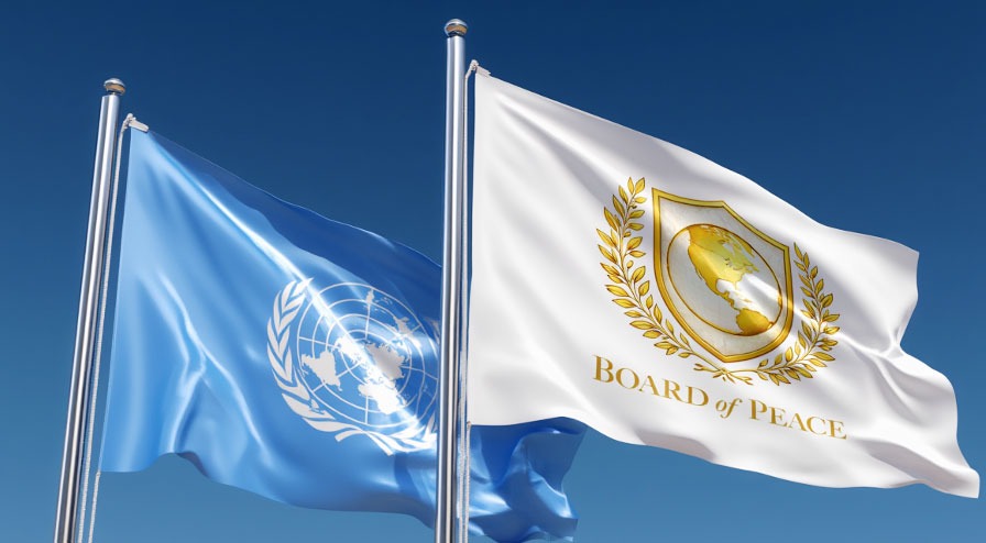 The logo for Trump's Board of Peace is remarkably similar to that of the UN, and likely not an accidental coincidence. (Image: reve.art)