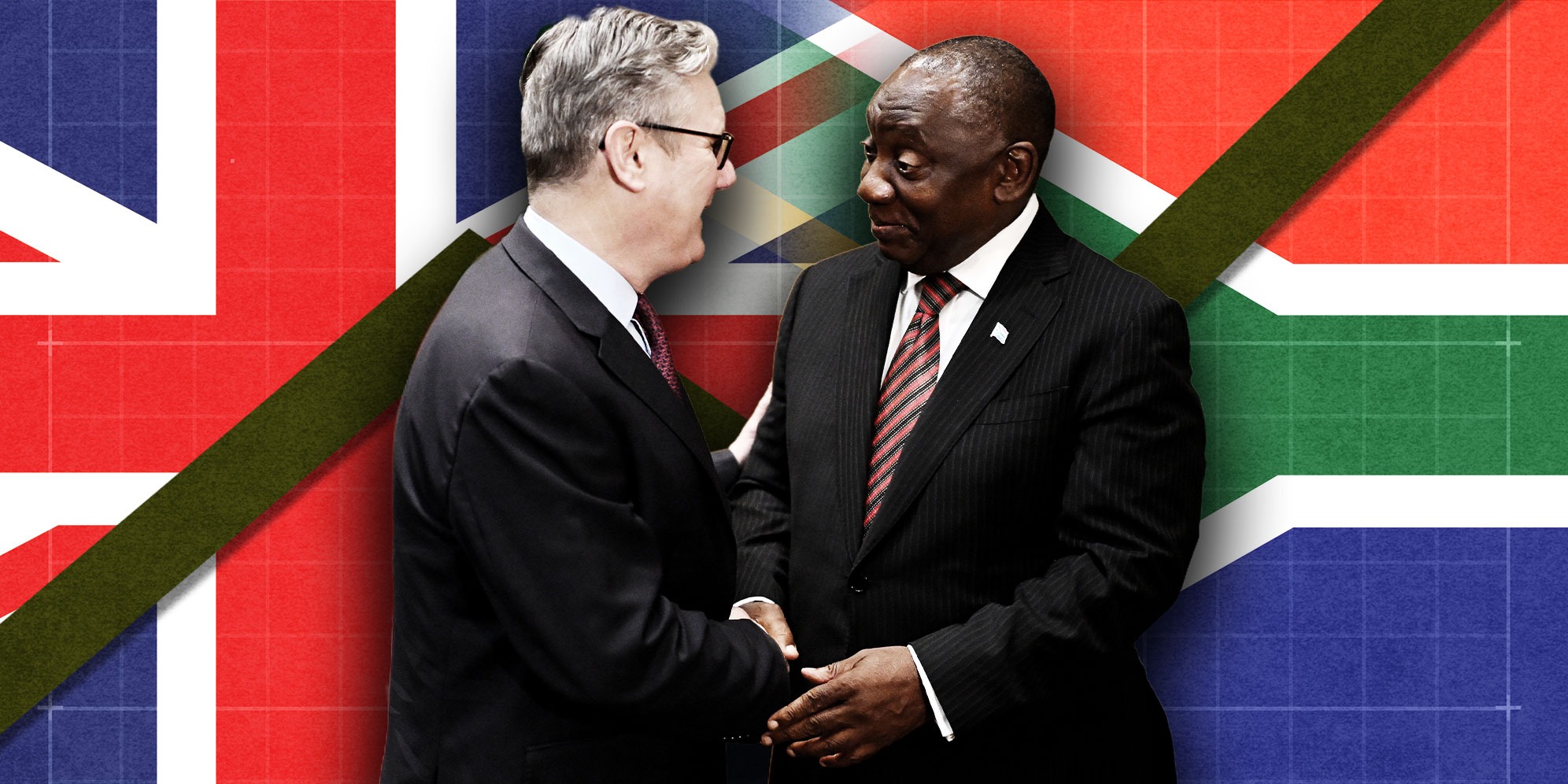 Illustrative Image:  British Prime Minister Keir Starmer (left) and South African President Cyril Ramaphosa shake hands during a bilateral meeting at the Sandton Convention Centre on 21 November 2025. (Photo: Leon Neal / Getty Images) | UK flag. | SA flag. | Graph. (Images: Freepik) | (Compiled by Daniella Lee Ming Yesca)