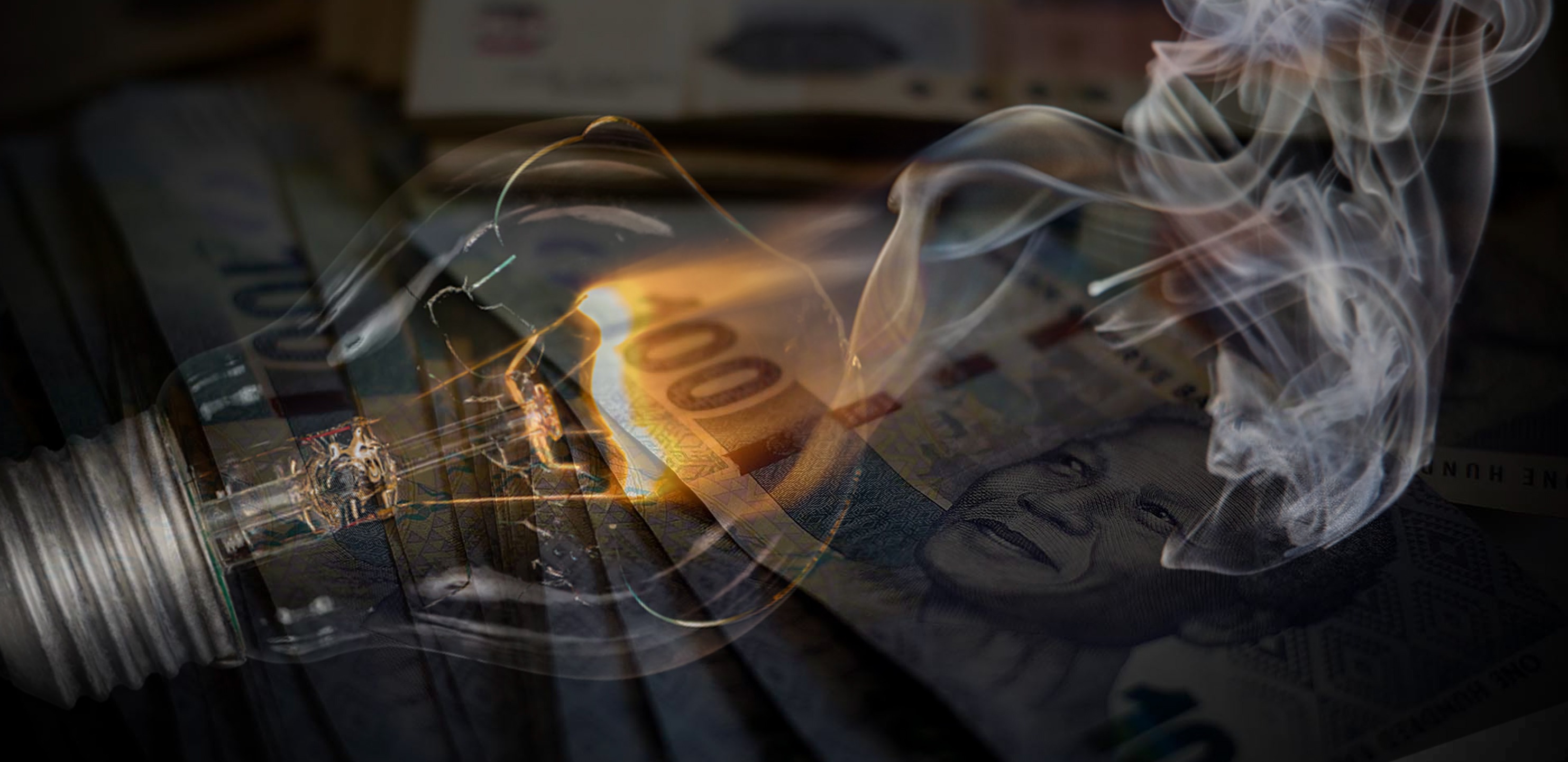 Illustrative image | South African banknotes. (Photo: Reuters / Siphiwe Sibeko) | Broken lightbulb with flame and smoke. (Photo: iStock)