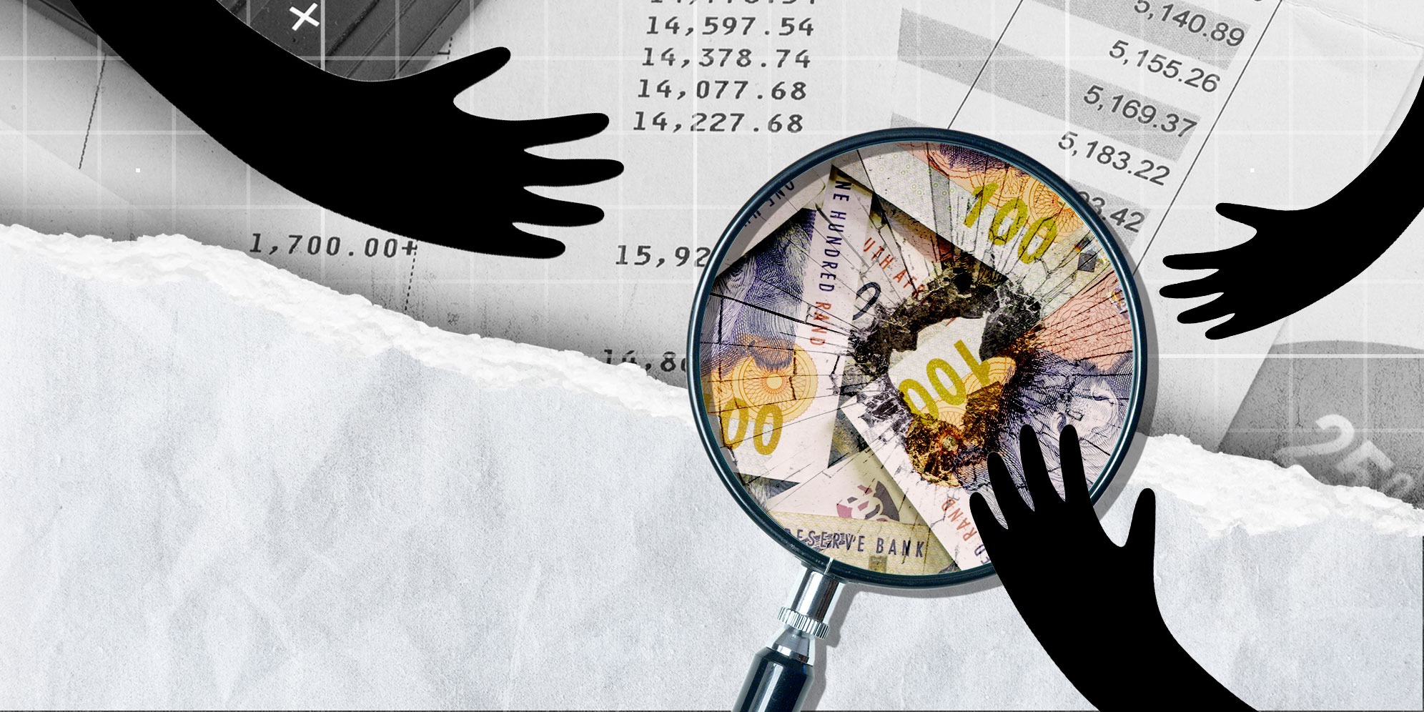 Illustrative Image: Bank account (Photo: iStock) | Magnifying glass. (Image: Freepik) | Hands. (Image: iStock) | Torn paper. (Image: Freepik) | (By Daniella Lee Ming Yesca) 