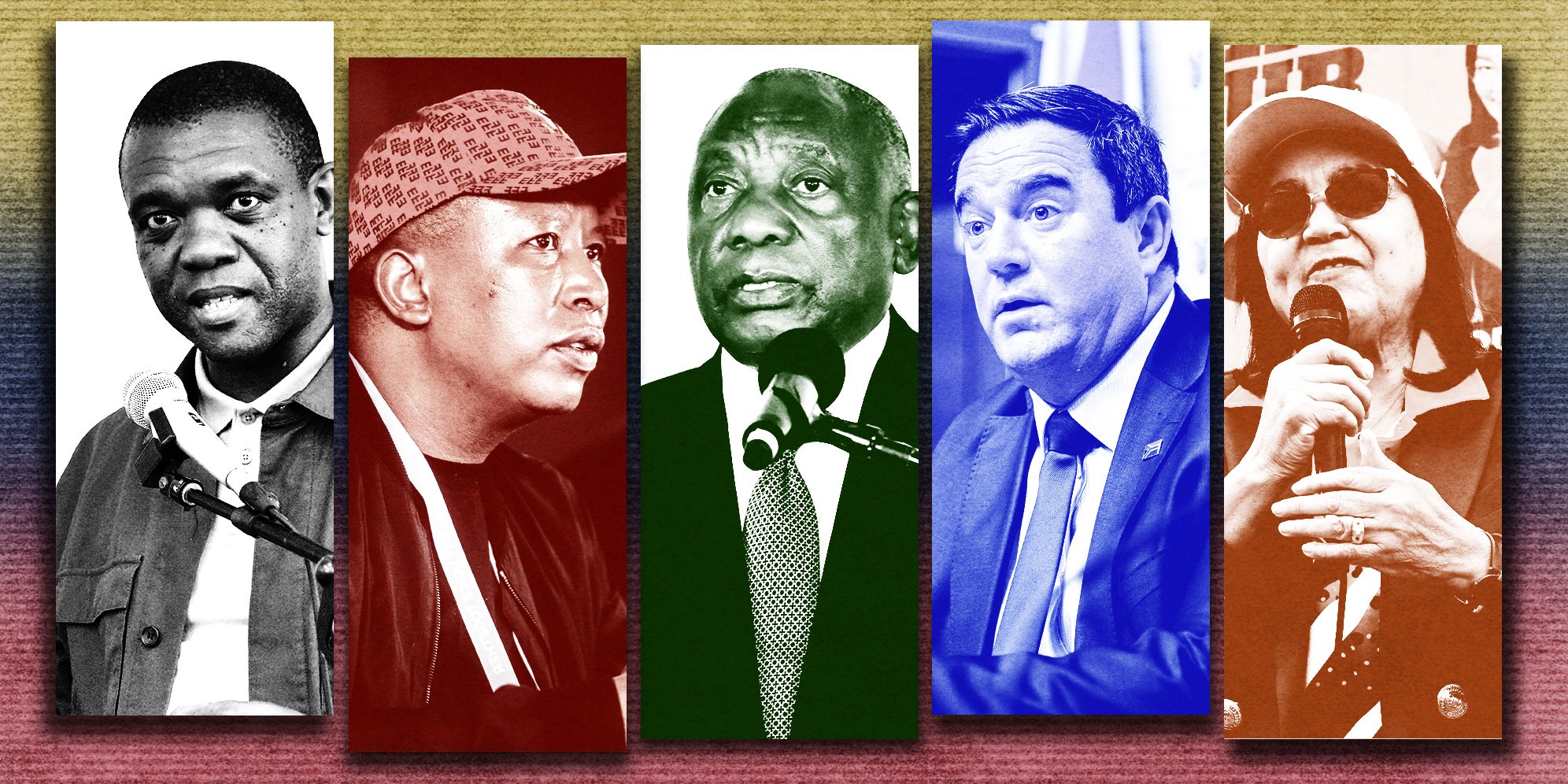 Illustrative Image: Songezo Zibi, leader of Rise Mzansi. (Photo: Gallo Images / Eliah July) | Economic Freedom Fighters Commander-in-Chief Julius Malema. (Photo: Gallo Images / Alet Pretorius) | ANC leader, President Cyril Ramaphosa. (Photo: Gallo Images / Frennie Shivambu) |  DA Leader John Steenhuisen. (Photo: Gallo Images / ER Lombard) | Good leader Minister Patricia de Lille. (Photo: Lulama Zenzile / Gallo Images) | Venezuelan flag. (Image: Freepik) | (By Daniella Lee Ming Yesca) 