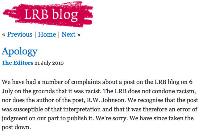 RW Johnson shames himself, disgraces London Review of Books
