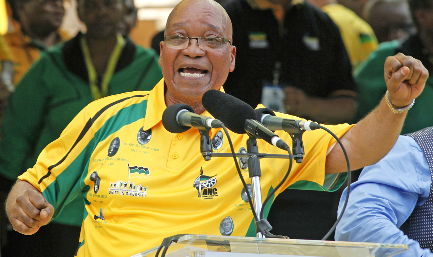 South Africa's president Jacob Zuma sings during the ANC centenary celebration in Bloemfontein
