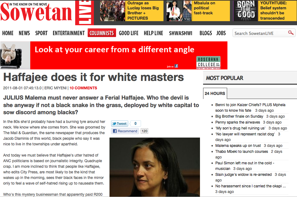 Sowetan columnist spiked: Miyeni's attack on Haffajee gets him booted