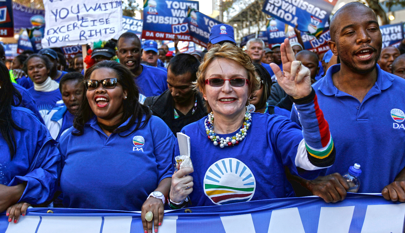 Zille, leader of South Africa's main opposition party DA, gestures during a march in Johannesburg
