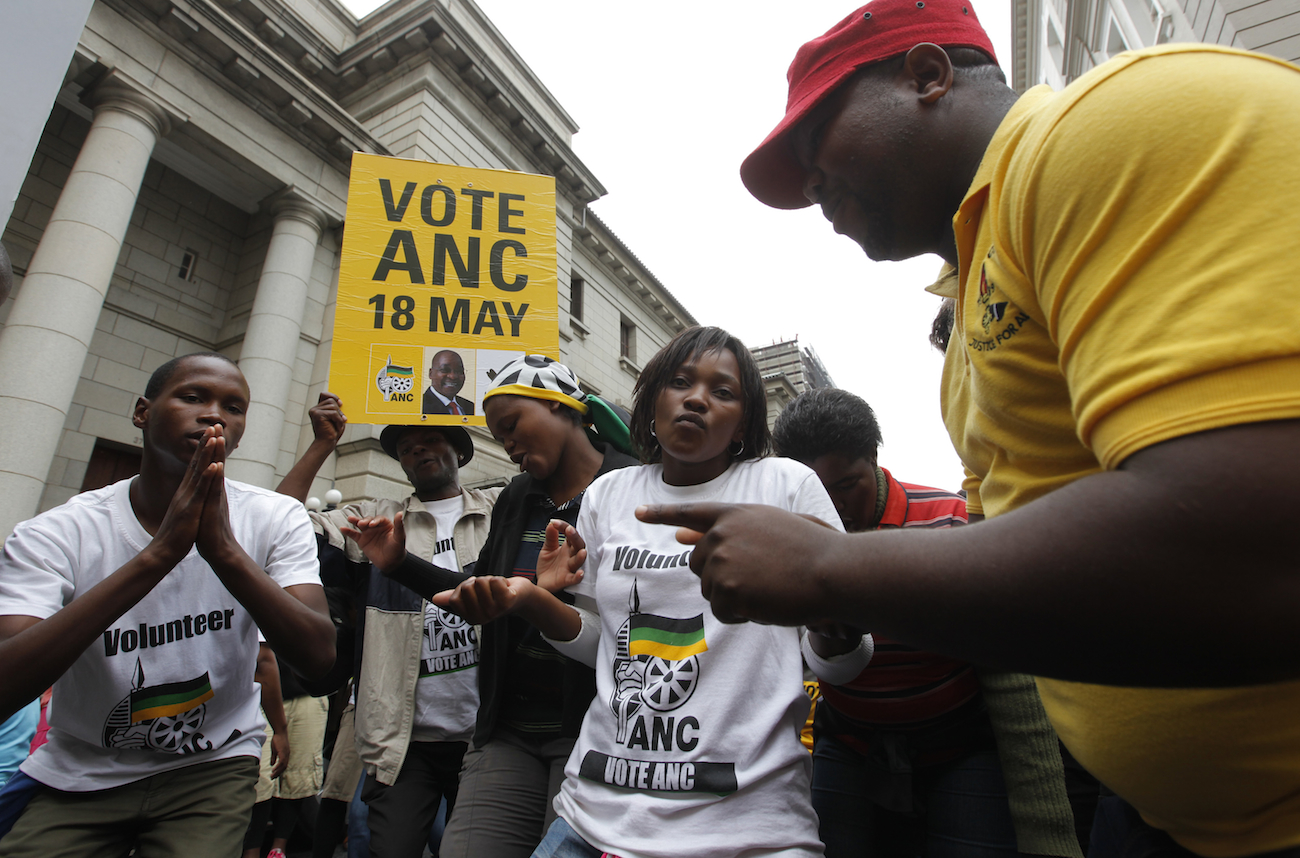 Supporters of the ruling African National Congress demonstrate against the opposition Democratic Alliance in Cape Town