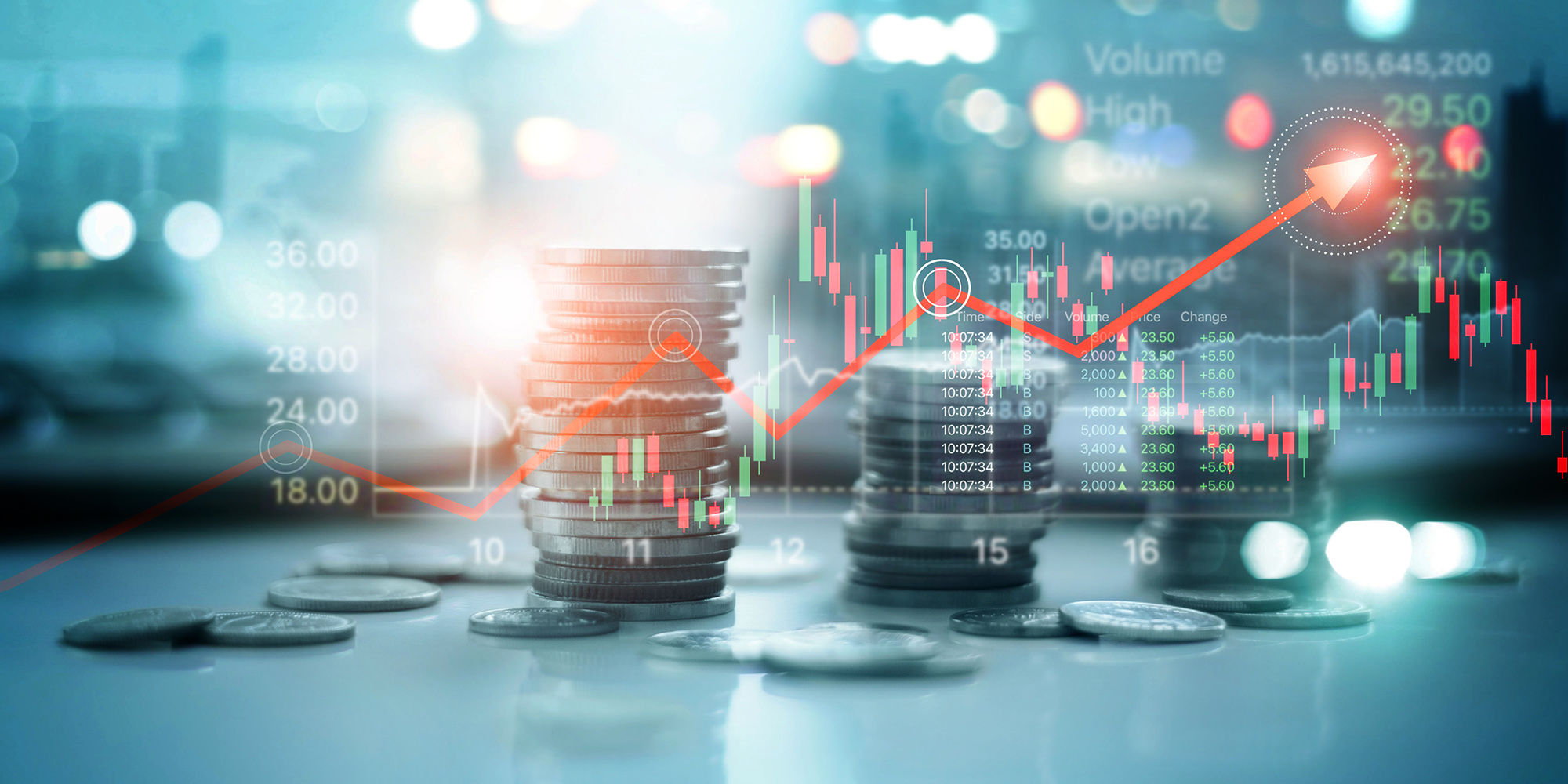 Financial data on a city background. Stack of coins with stock m