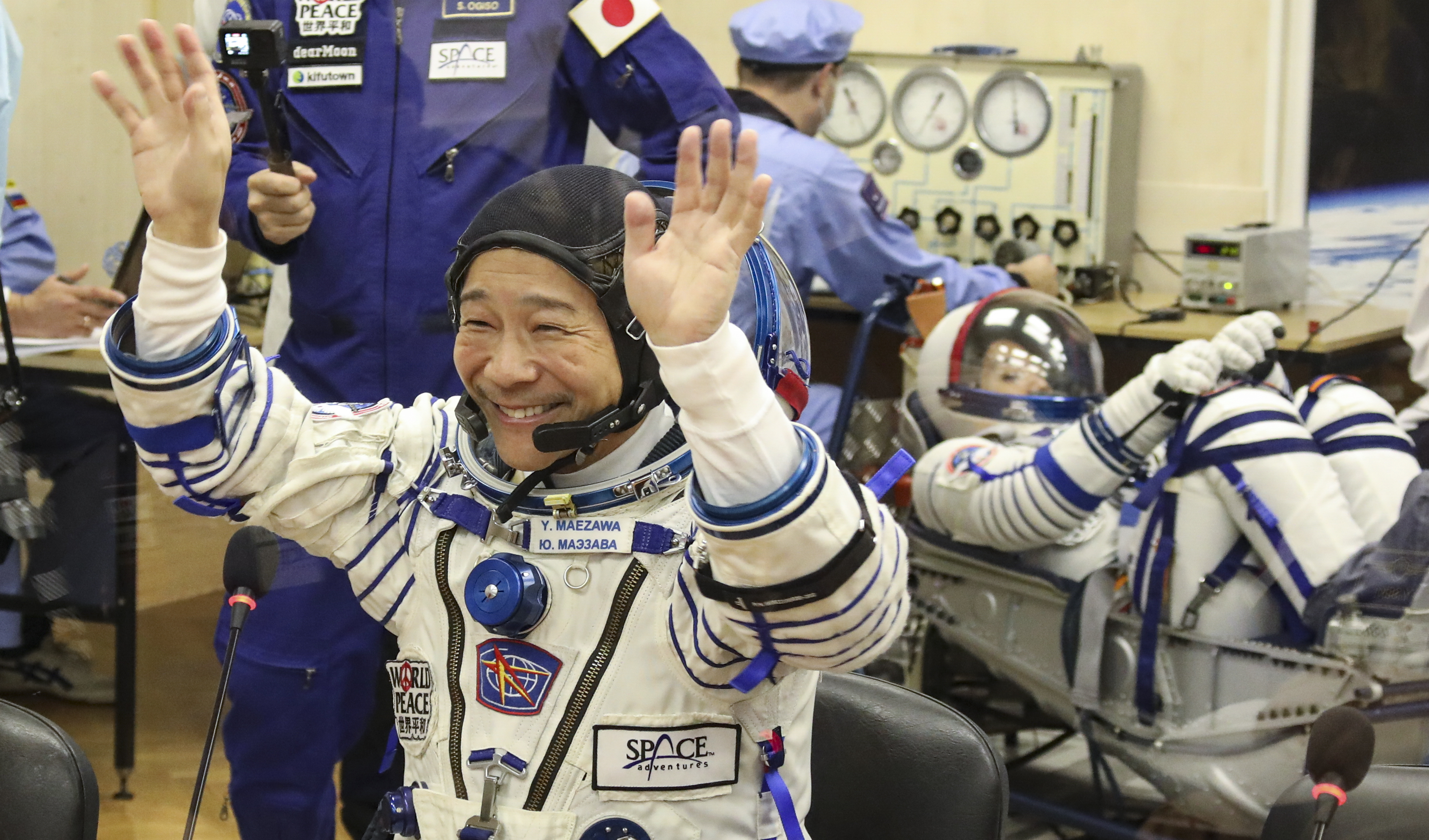 Space flight participants Yusaku Maezawa and Yozo Hirano attend a press-conference in Baikonur