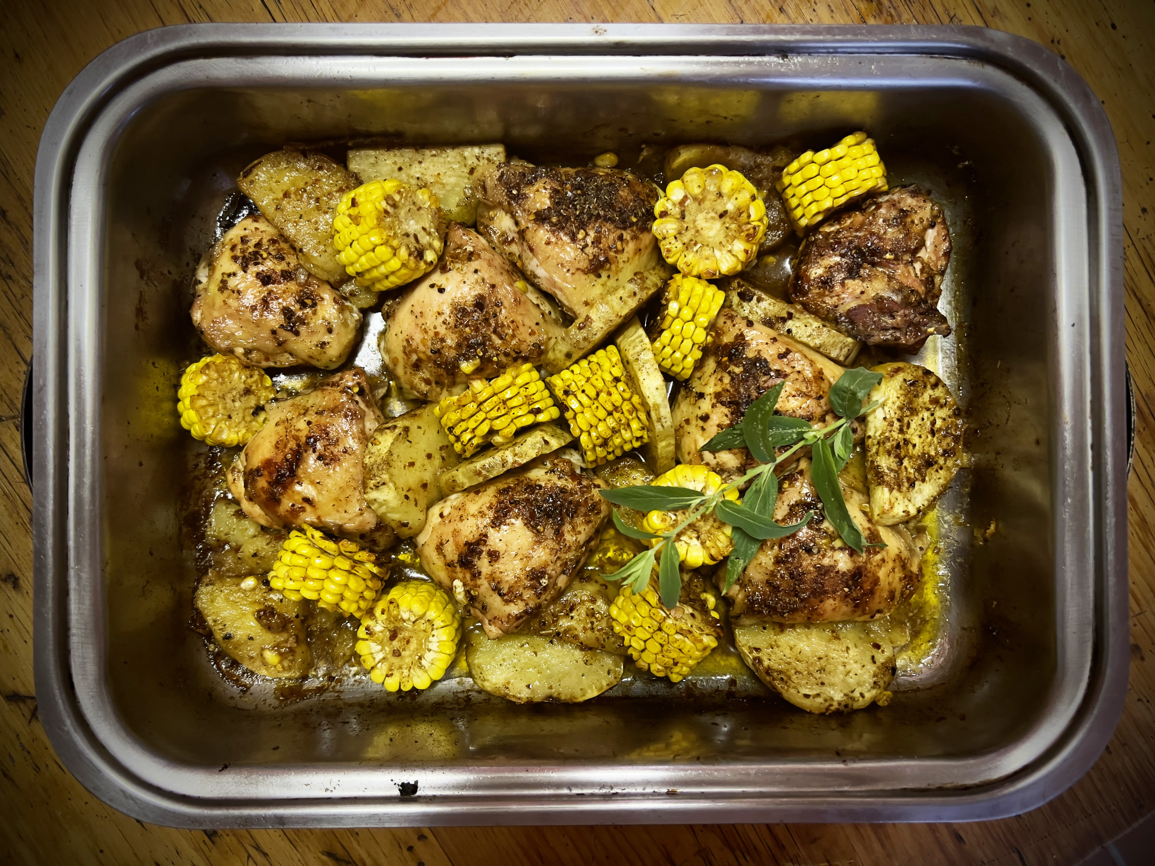 What’s cooking today: Chicken, corn and sweet potato tray bake
