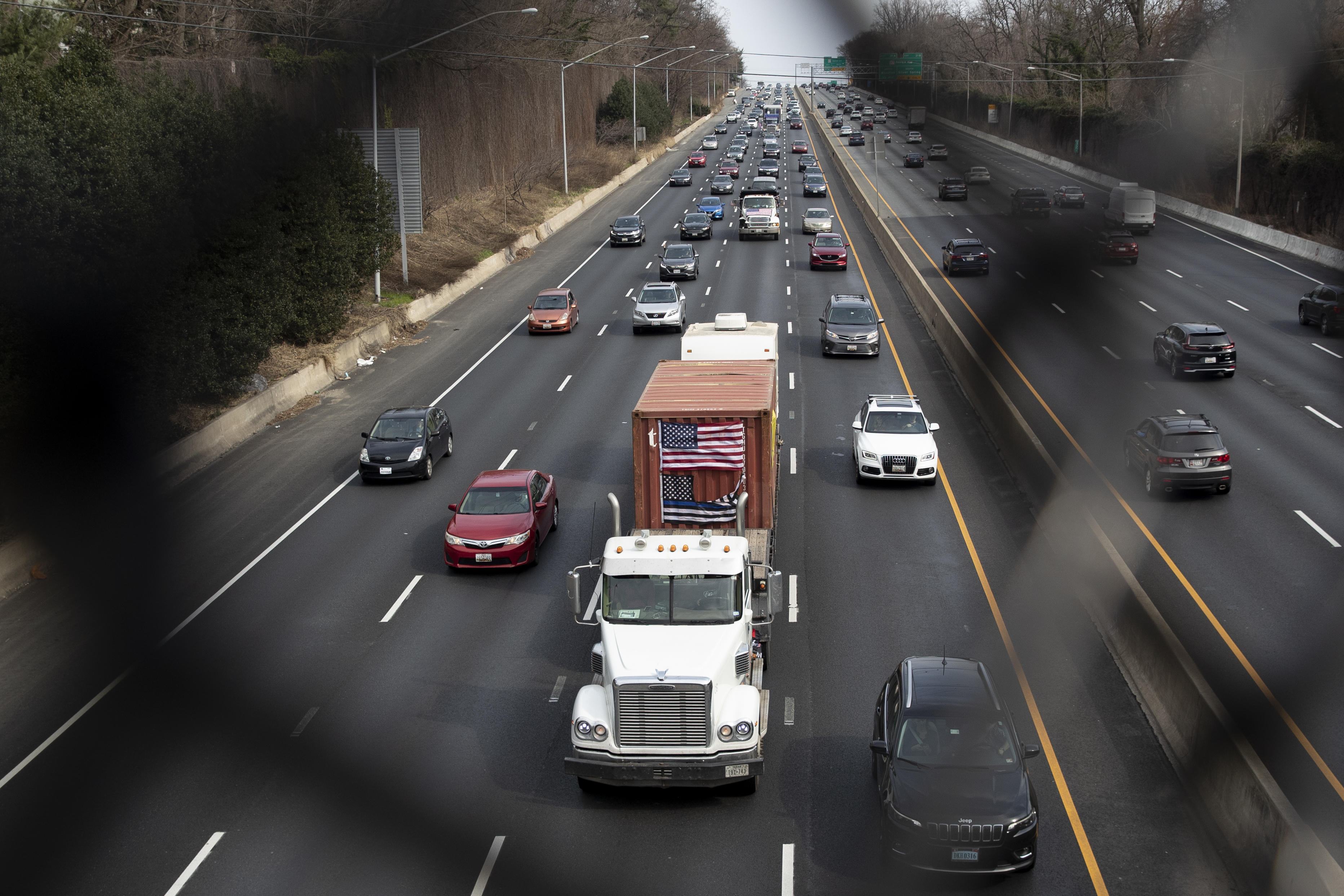 Truck convoy protest on the Capital Beltway outside Washington, DC