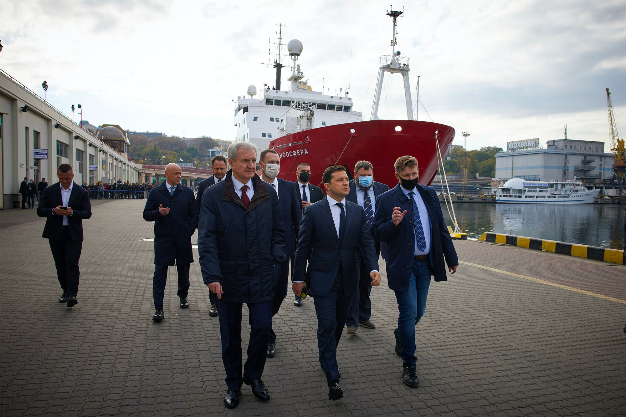 Ukraine President Volodymyr Zelensky, Antarctic division head Evgen Dykyi and fellow state officials inspect the country’s new polar research vessel, the Noosfera, during her arrival in the port of Odesa last October. (Photo: The Ukraine National Antarctic Scientific Centre)