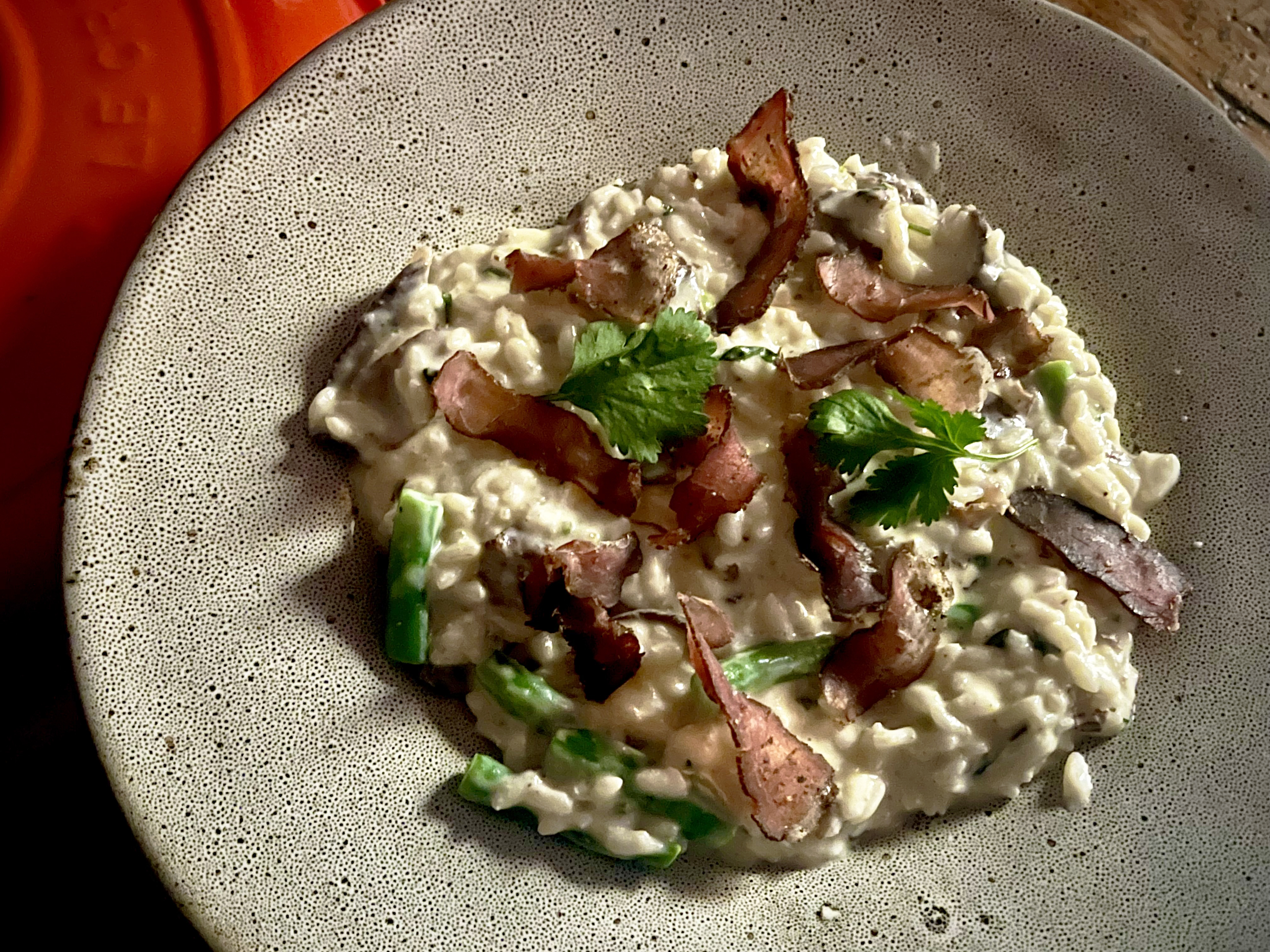 Biltong risotto with green beans, finished with crème fraîche