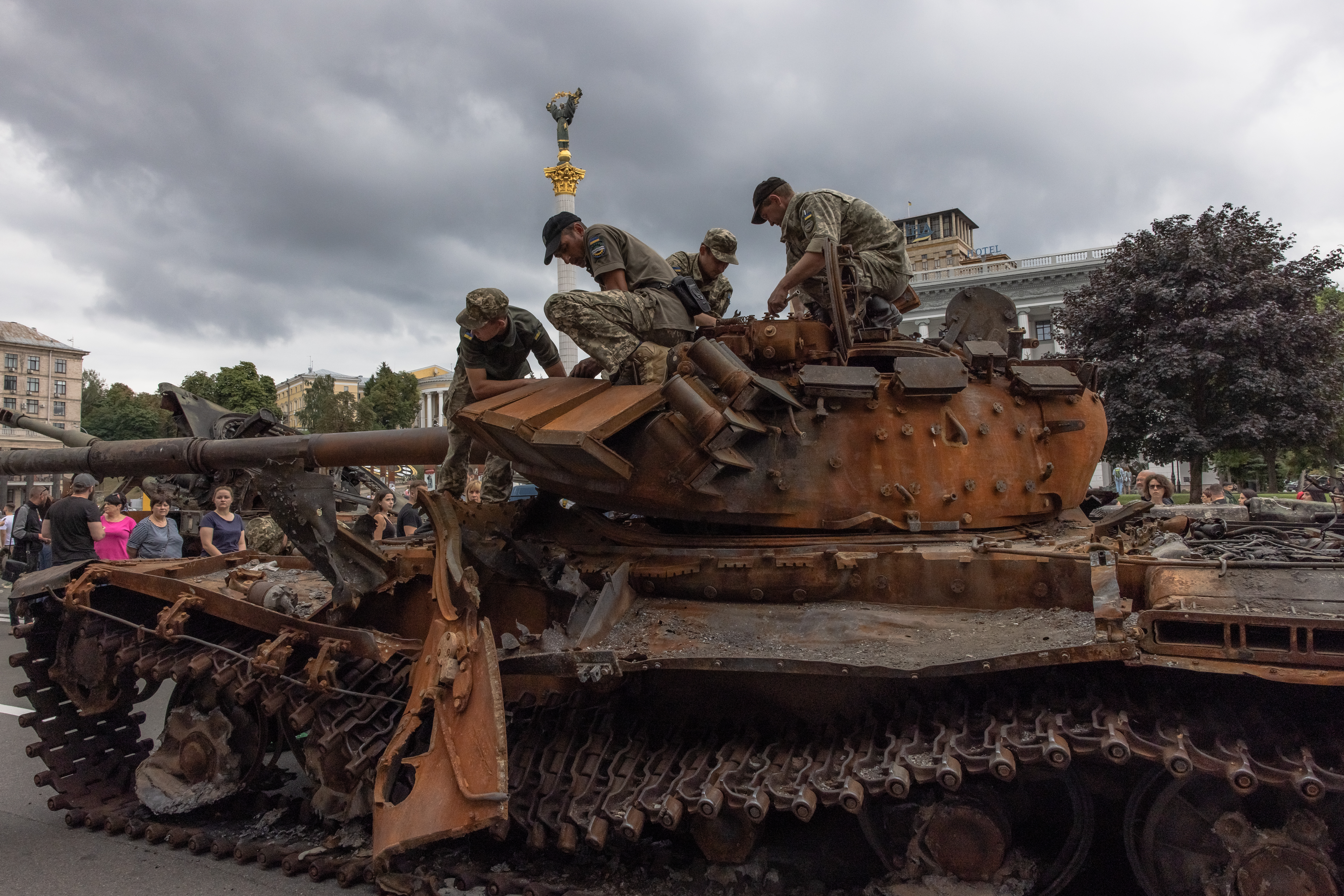 Russian armoured military vehicles destroyed in fights with the Ukrainian army, displayed on Khreshchatyk street ahead of the 'Independence Day'