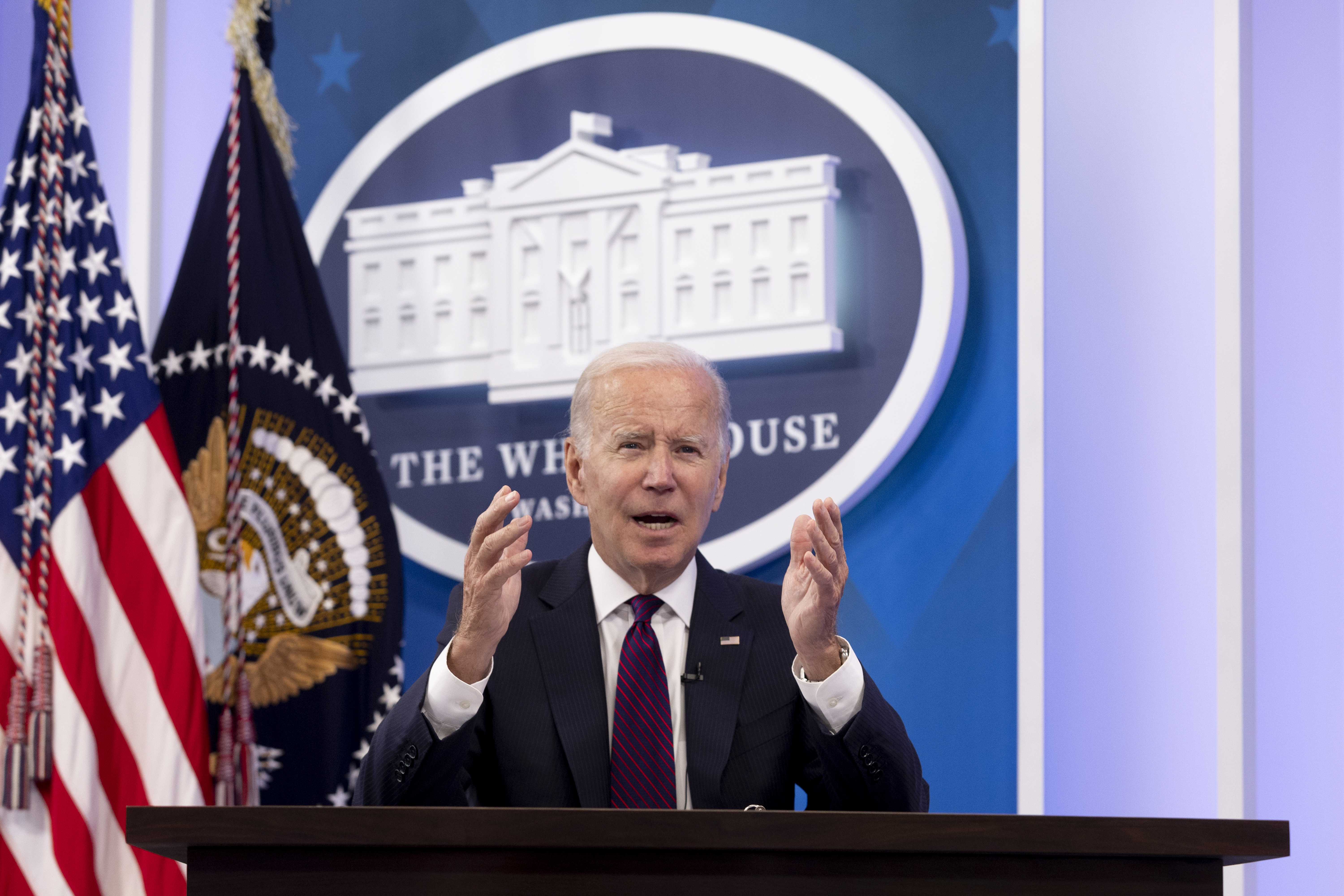 US President Joe Biden attends a meeting on American Rescue Plan investments