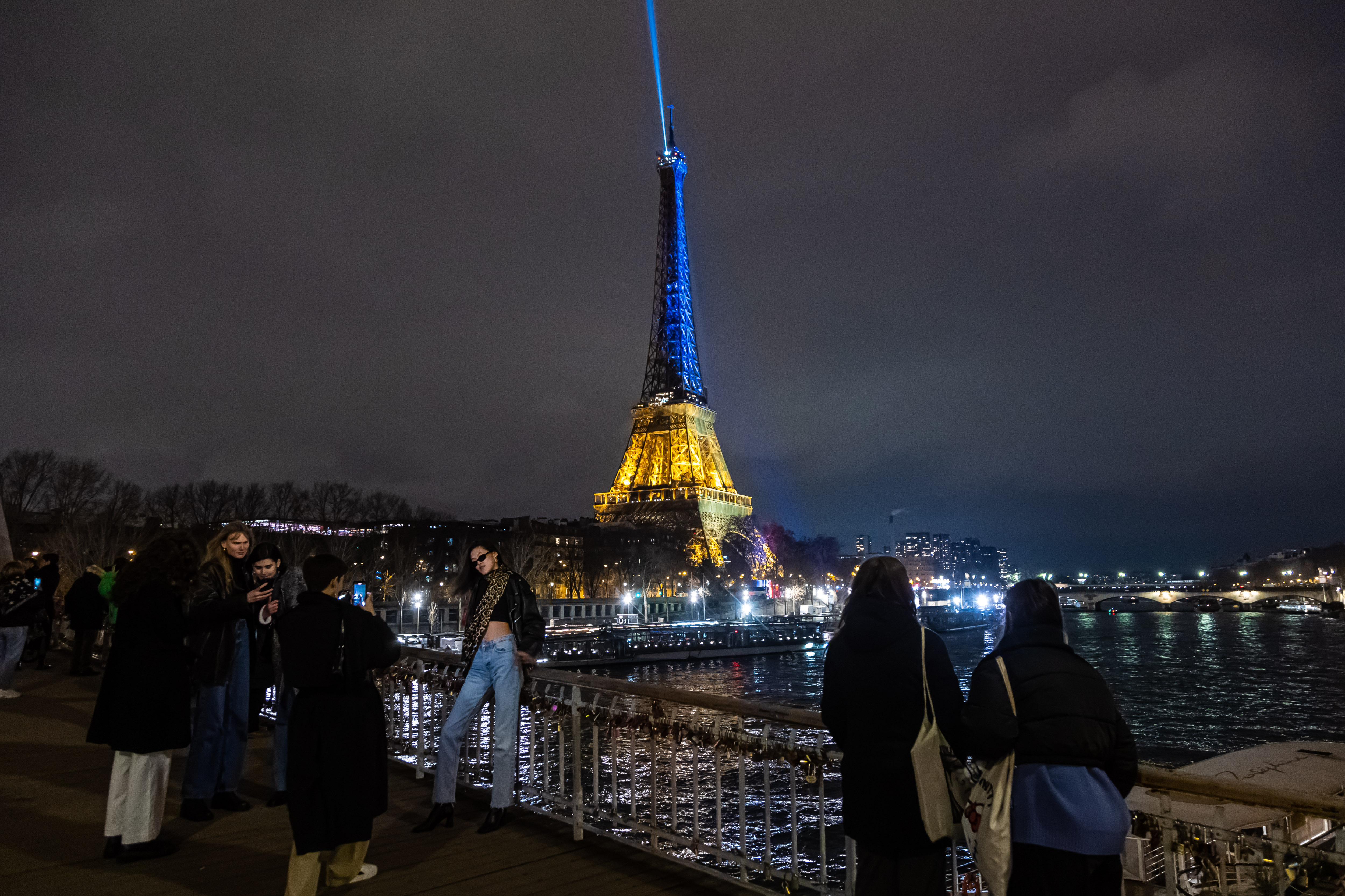 Eiffel Tower lit up with Ukrainian flag colors