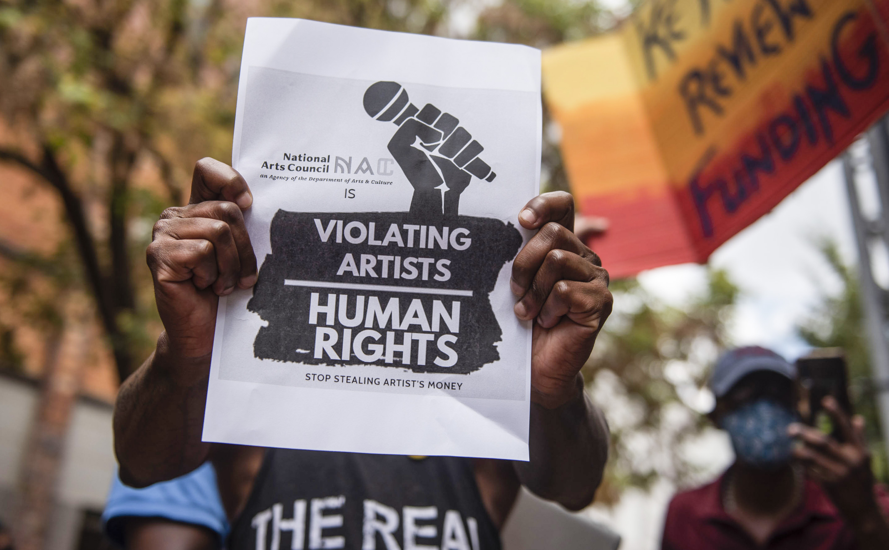 Protesters in front of the National Arts Council in Newtown show solidarity with several artists who embarked on a sit-in over funding irregularities on 15 March 2021. (Photo: Alet Pretorius / Gallo Images) 