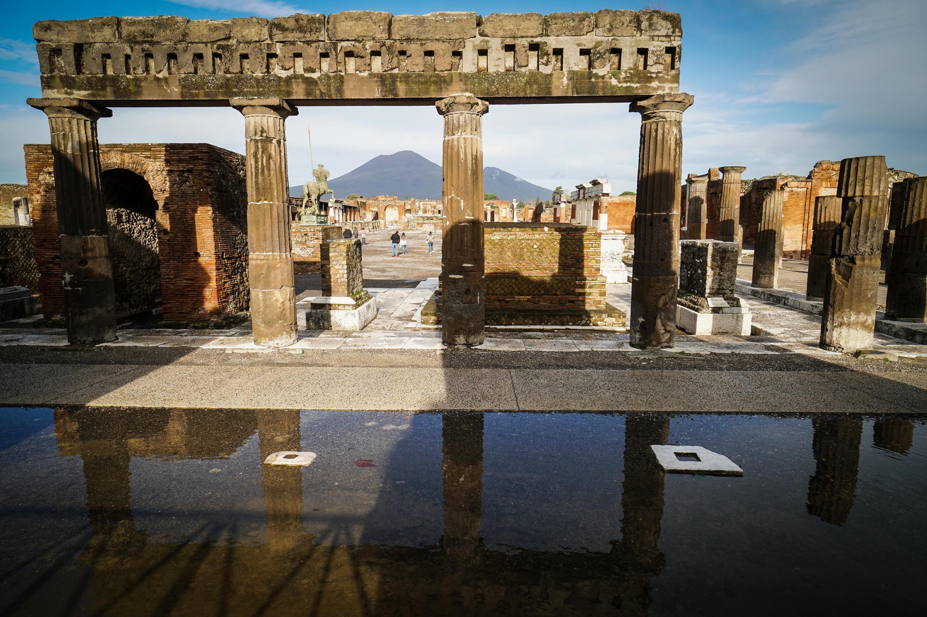 A view of the archaeological excavations of Pompeii following a rainfall